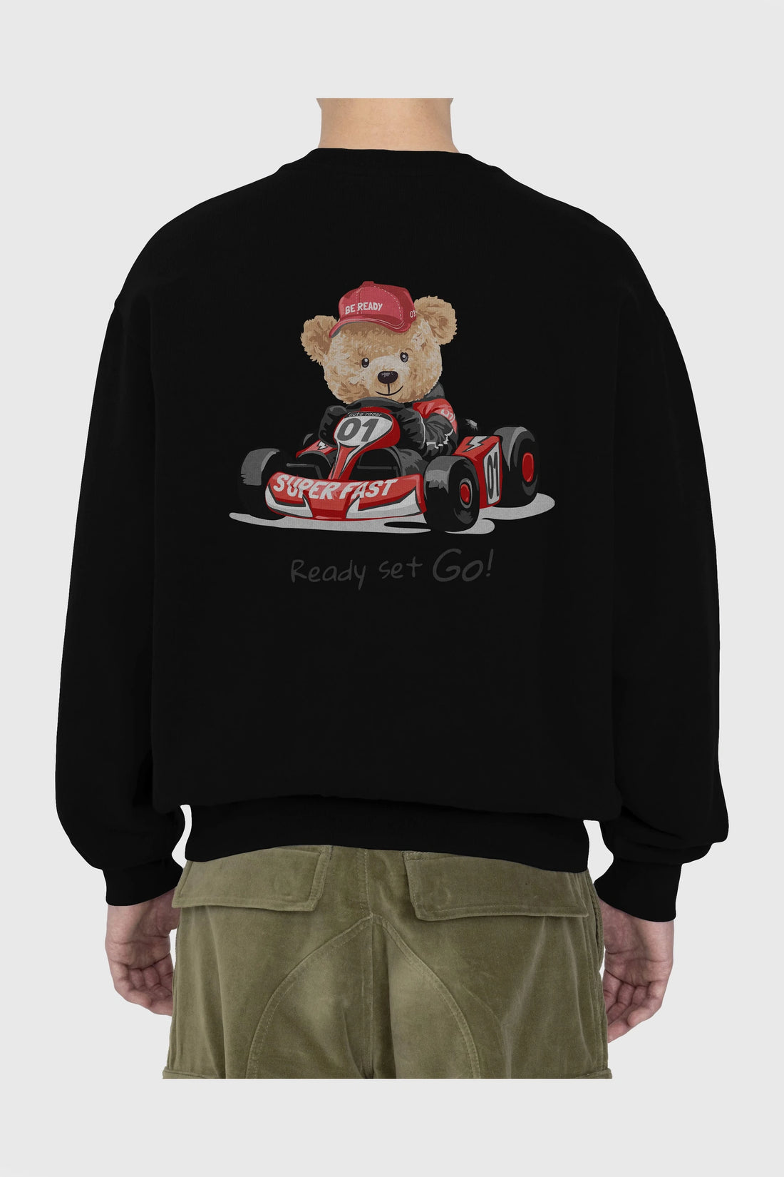 Teddy Bear Ready Set Go Arka Baskılı Oversize Sweatshirt Erkek Kadın Unisex