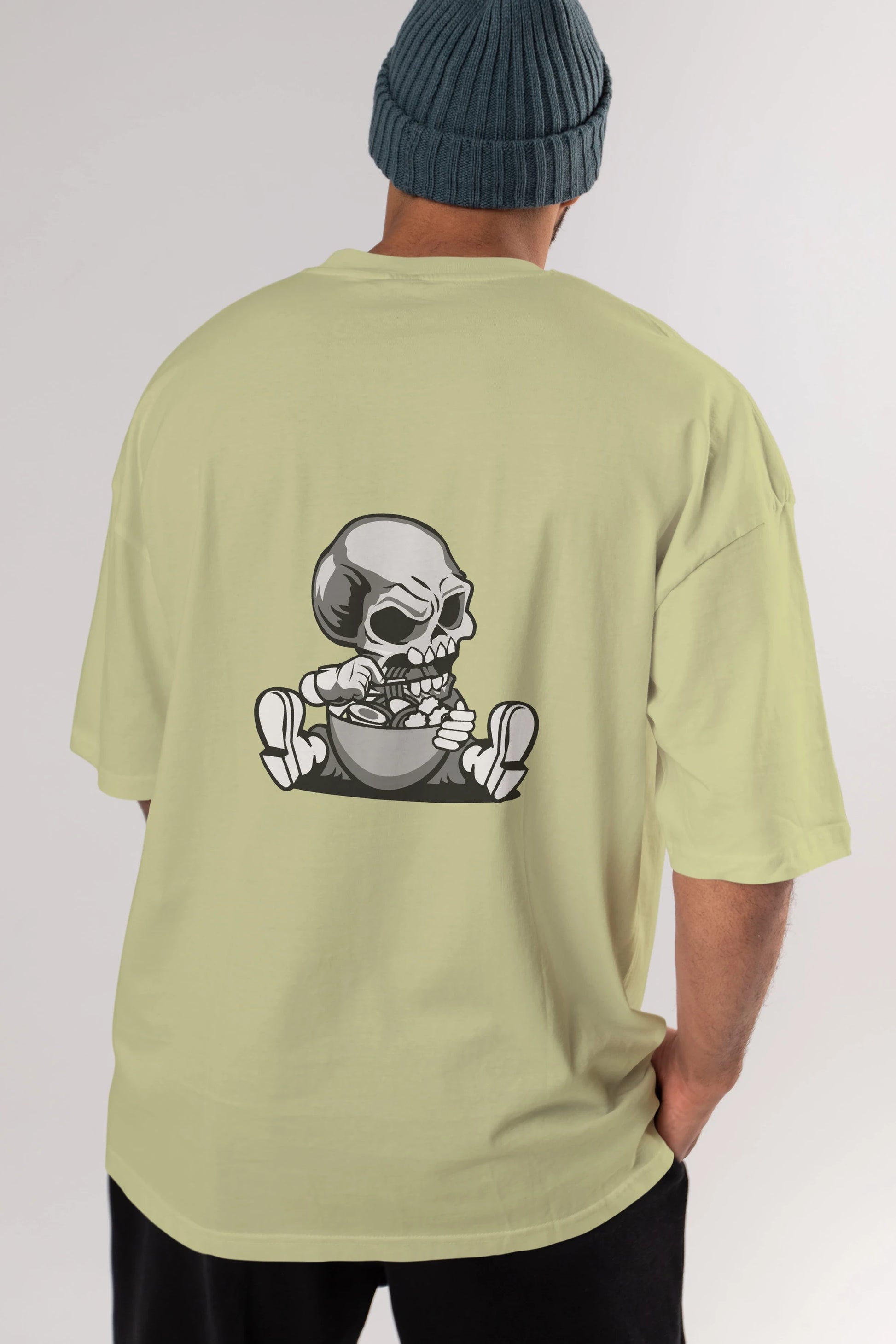 Skull Eat Ramen Arka Baskılı Oversize t-shirt Erkek Kadın Unisex %100 Pamuk tişort
