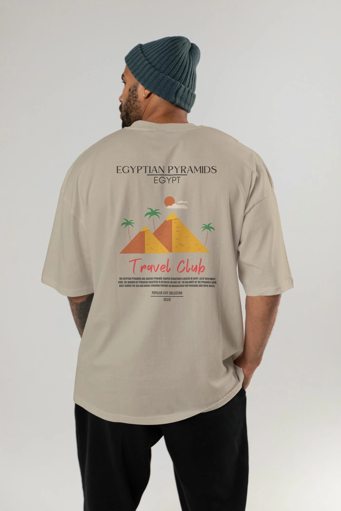 Egyptian Pyramids Egypt Arka Baskılı Oversize t-shirt Erkek Kadın Pamuk Bisiklet Yaka tişort