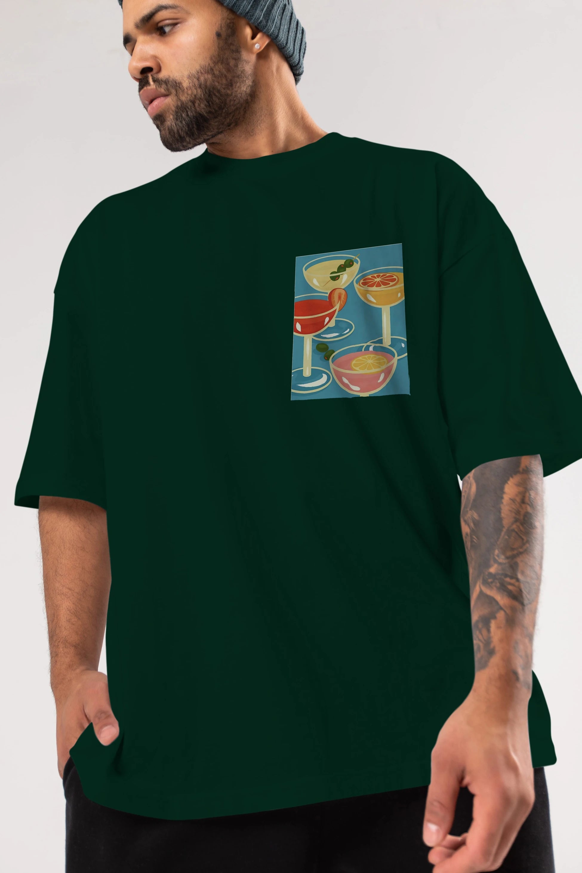 Cocktails Ön Sol Baskılı Oversize t-shirt Erkek Kadın Unisex %100 Pamuk Bisiklet Yaka tişort