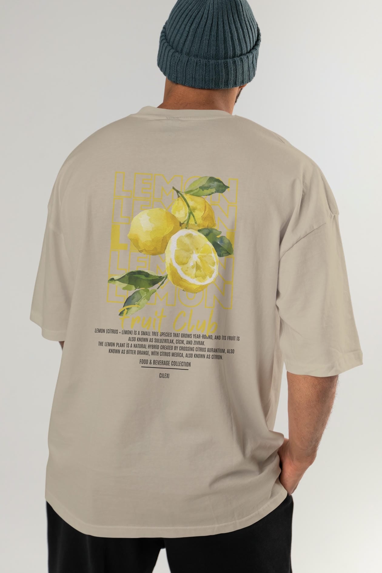Lemon Arka Baskılı Oversize t-shirt Erkek Kadın Pamuk Bisiklet Yaka tişort