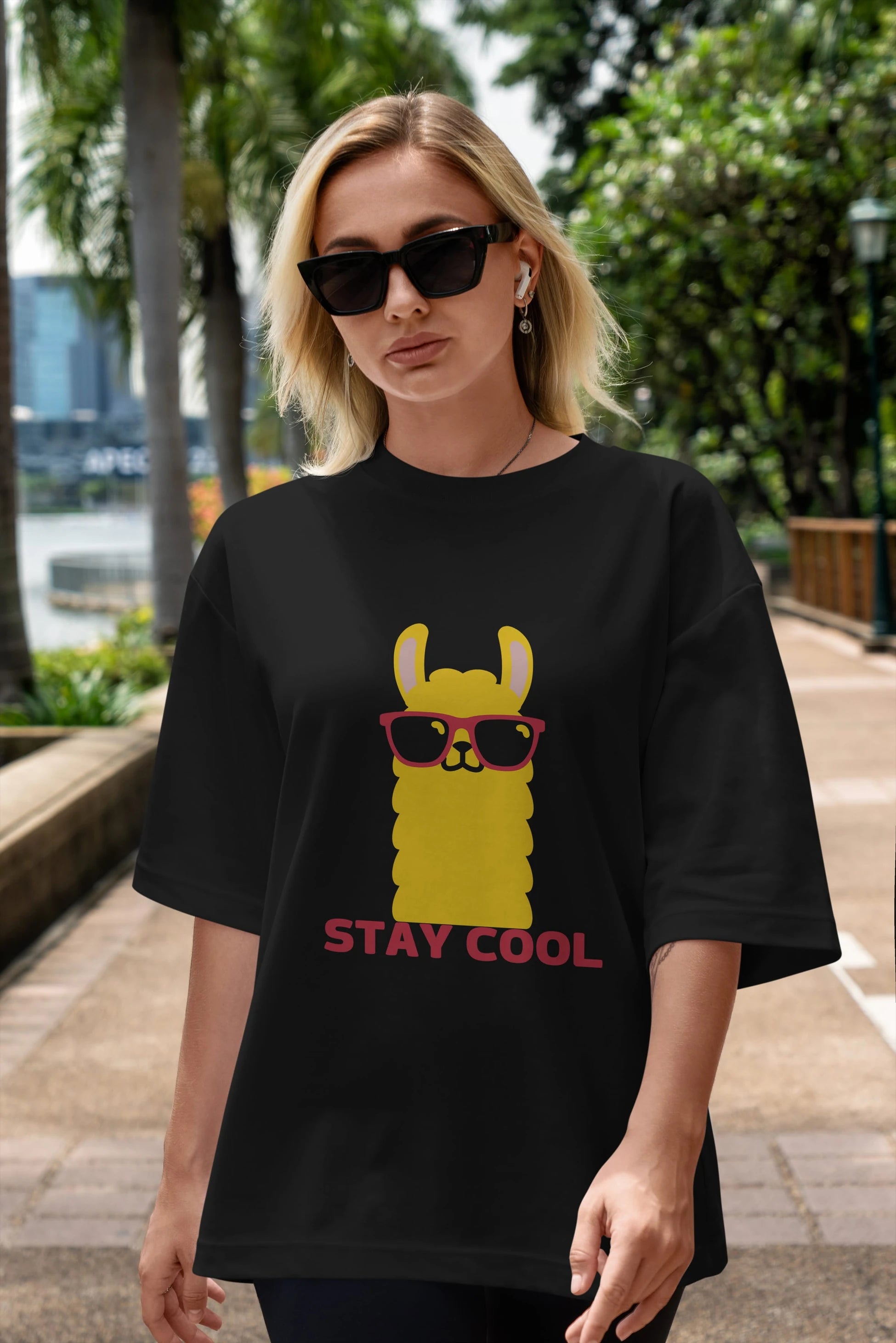 Stay Cool Yazılı Lama Ön Baskılı Oversize t-shirt Erkek Kadın Unisex