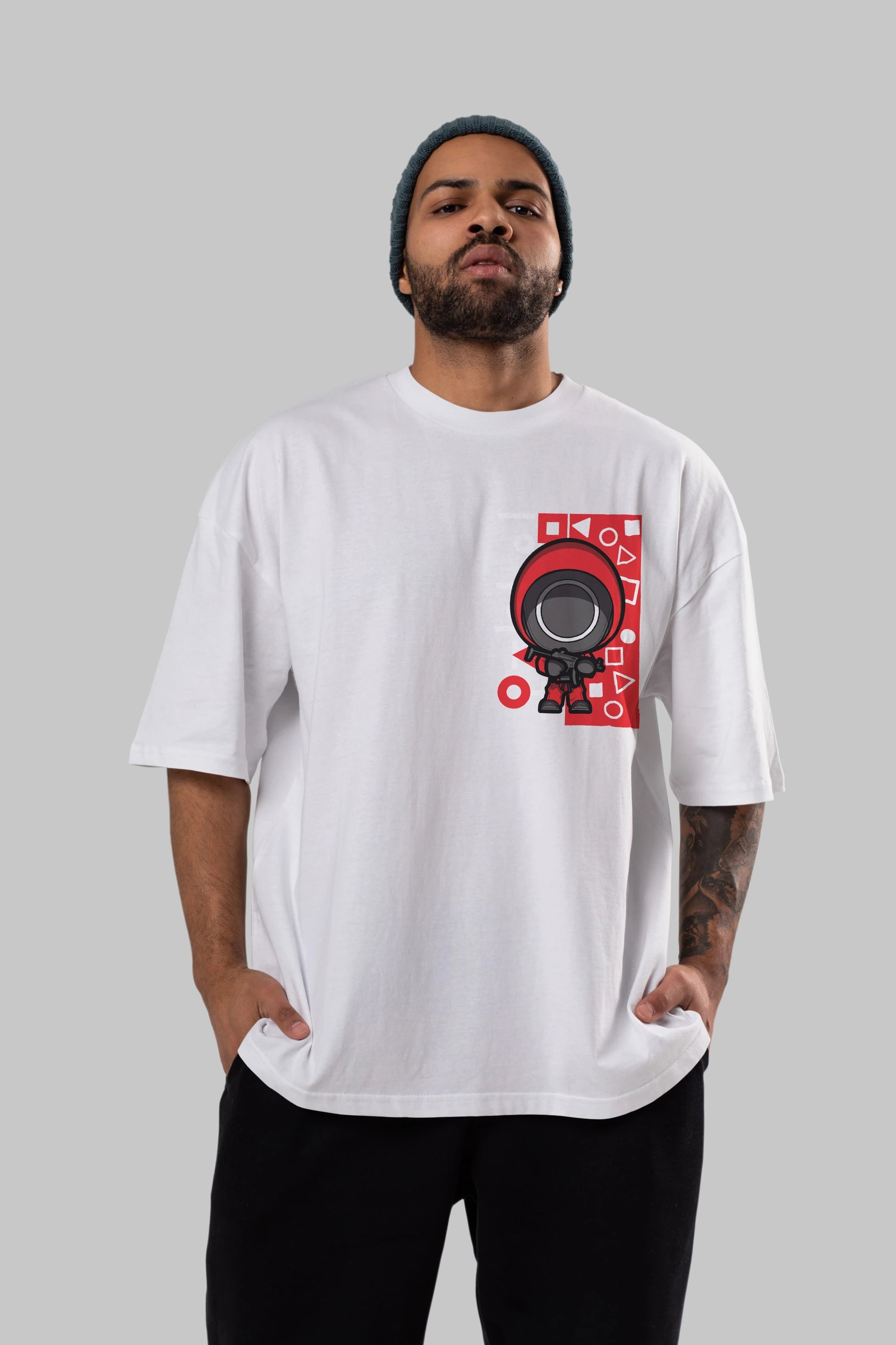 Squid Game (4) Ön Sol Baskılı Oversize t-shirt Erkek Kadın Unisex %100 Pamuk Bisiklet Yaka tişort