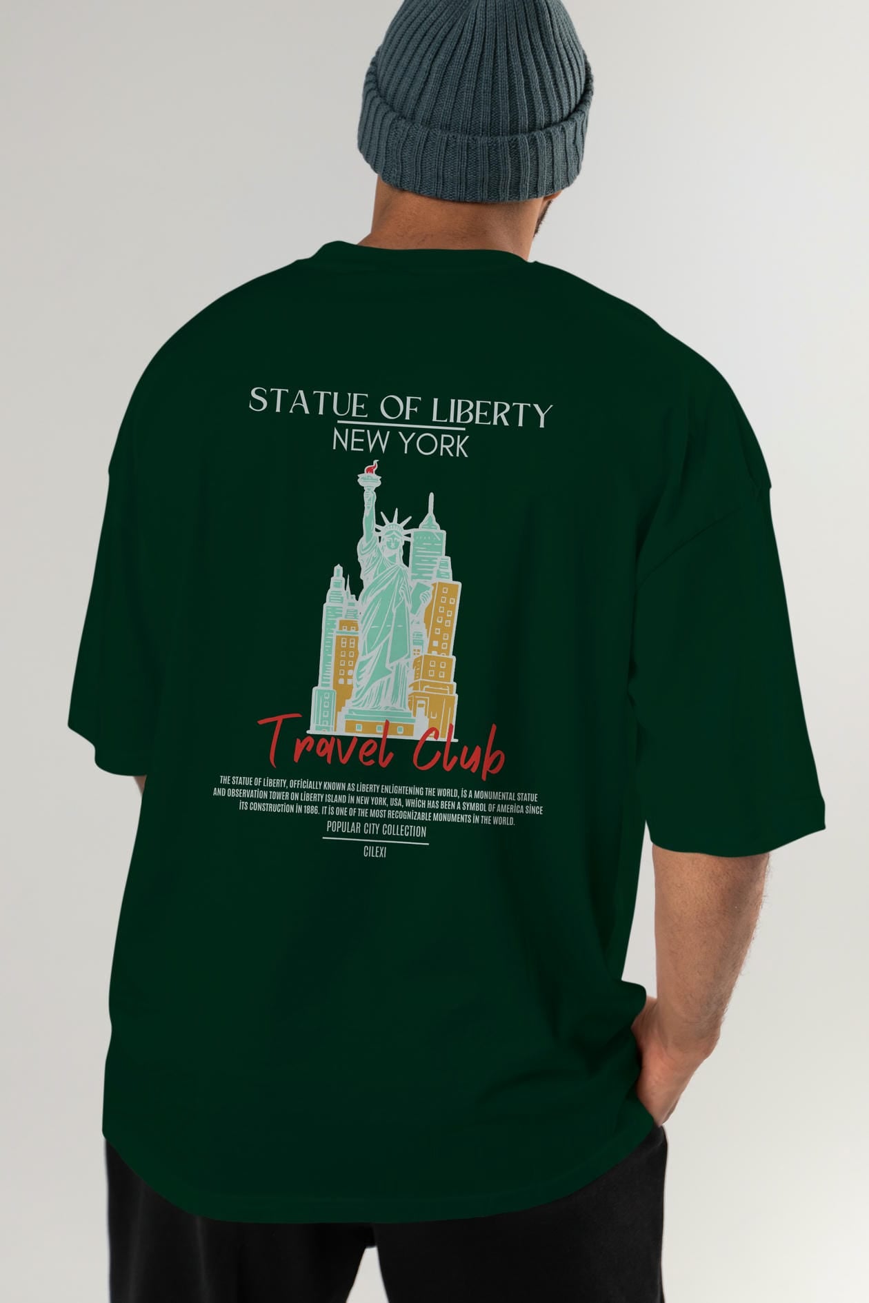 Statue Of Liberty New York Arka Baskılı Oversize t-shirt Erkek Kadın Pamuk Bisiklet Yaka tişort