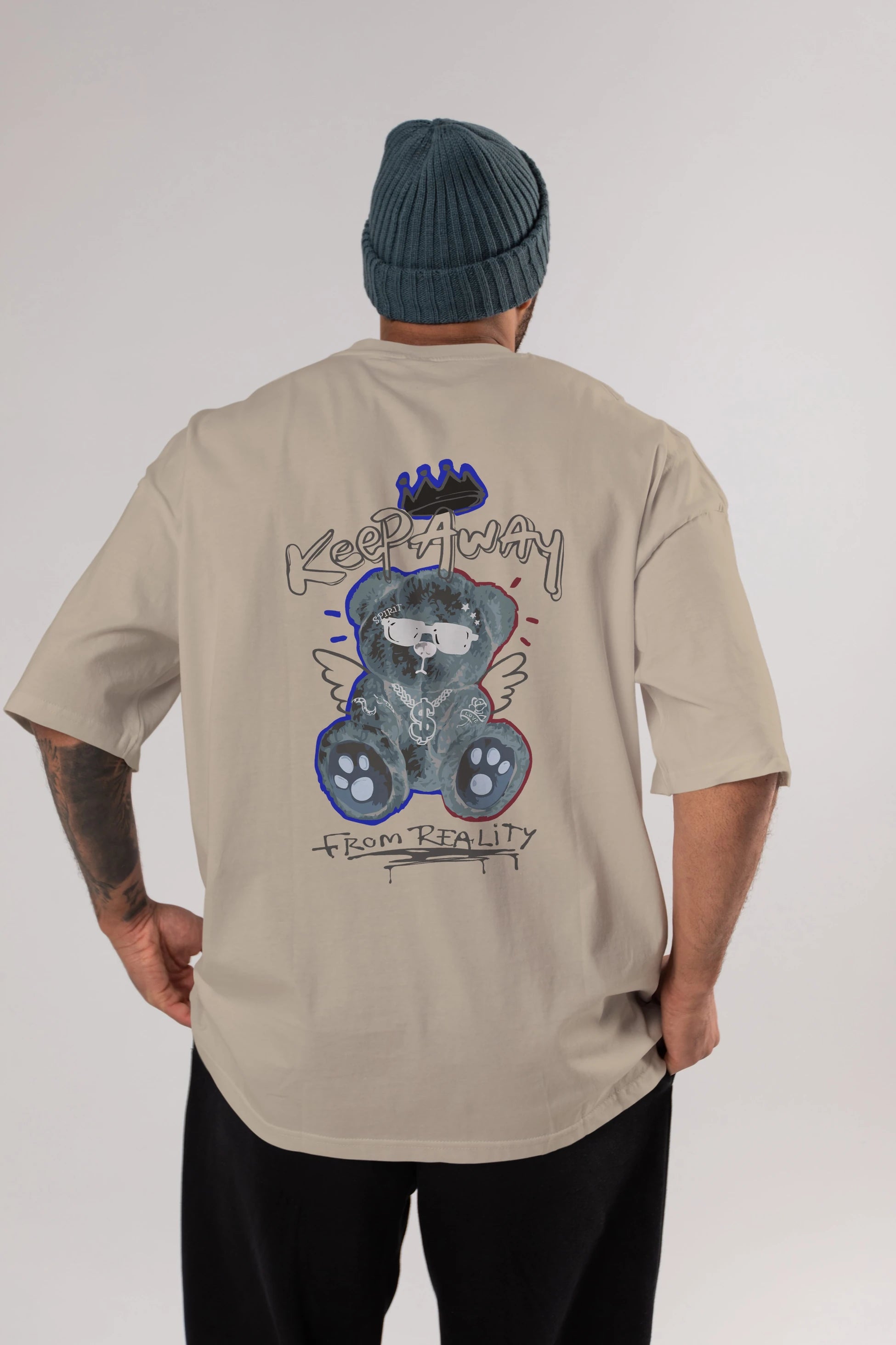 Keep Away Bear Arka Baskılı Oversize t-shirt Erkek Kadın Unisex