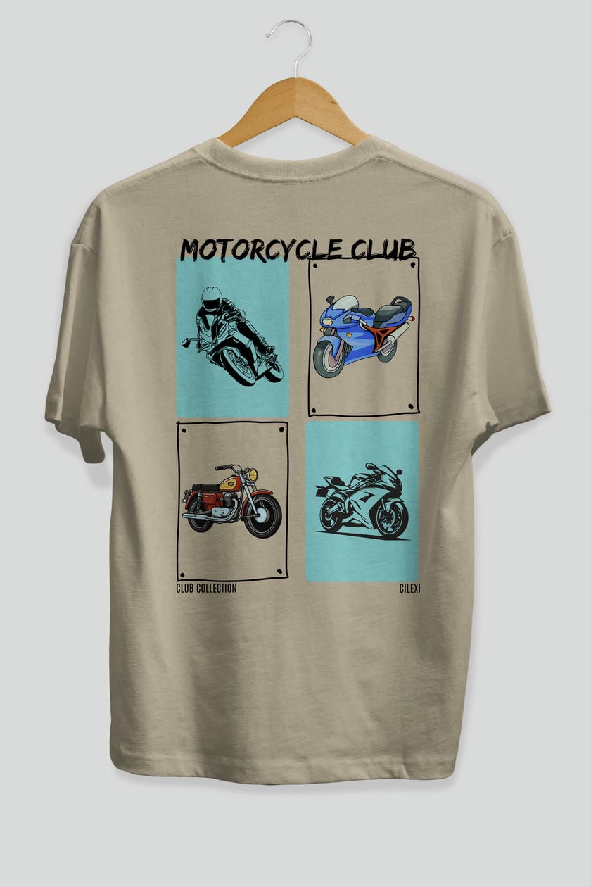 Motorcycle Club Arka Baskılı Oversize t-shirt Erkek Kadın %100 Pamuk Bisiklet Yaka tişort