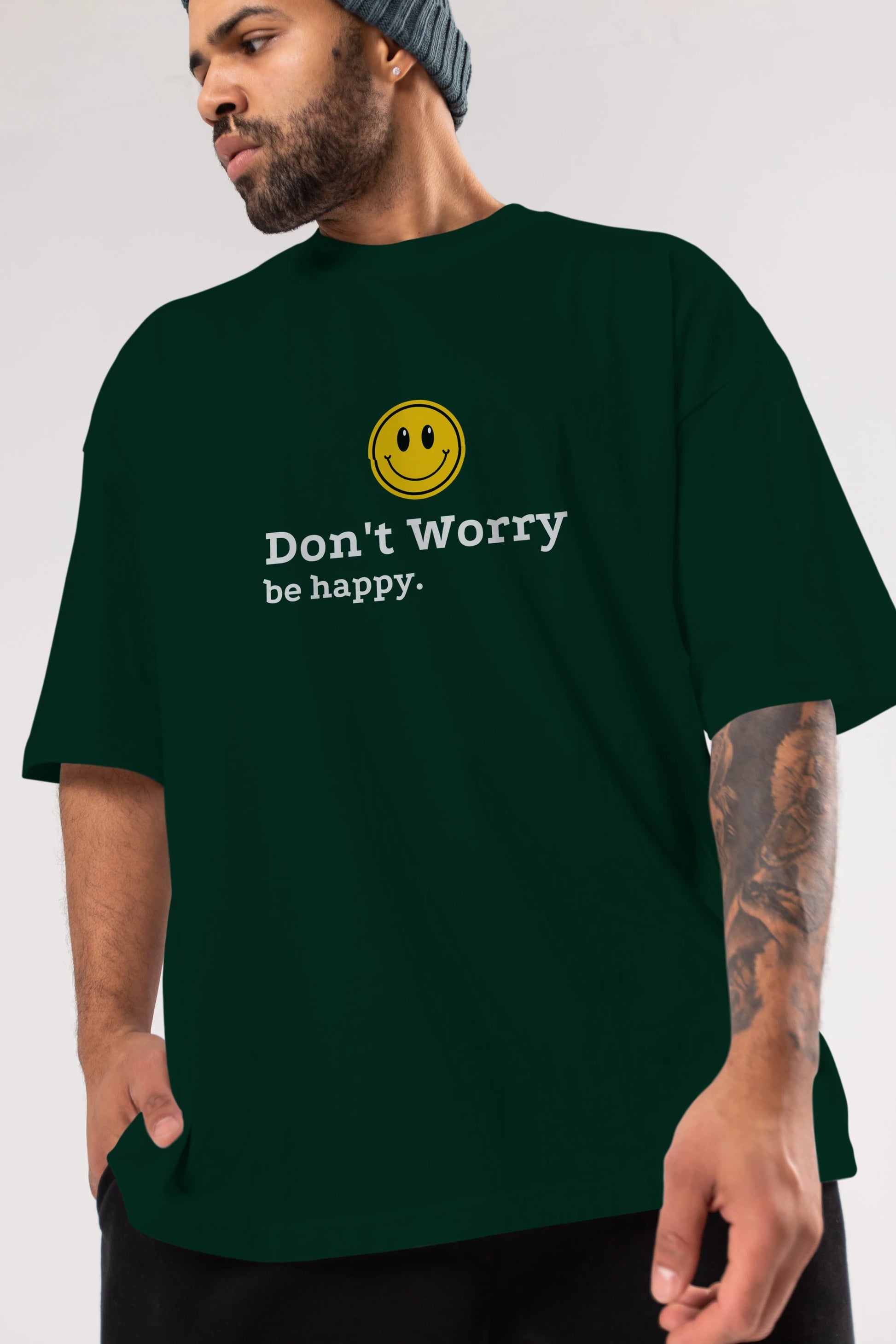 Don't Worry Be Happy Yazılı Ön Baskılı Oversize t-shirt Erkek Kadın Unisex
