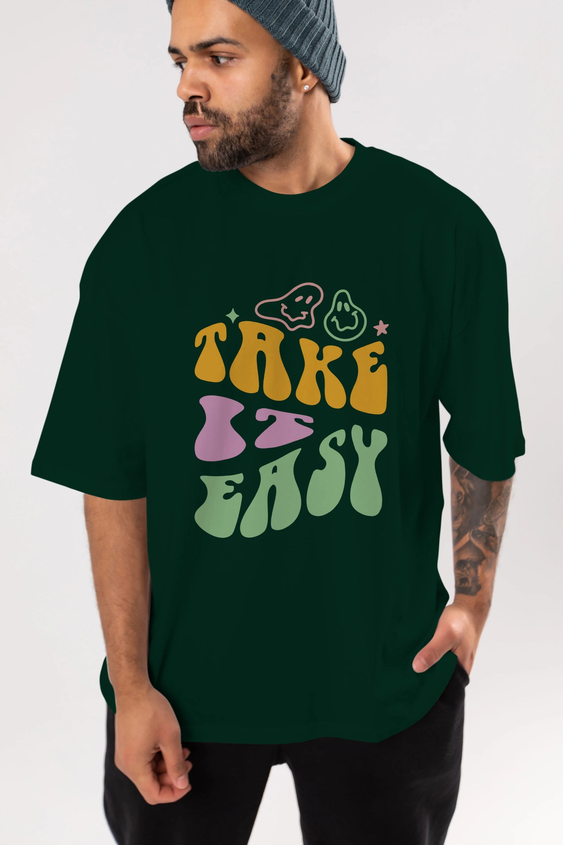 Take it Easy Yazılı Ön Baskılı Oversize t-shirt Erkek Kadın Unisex
