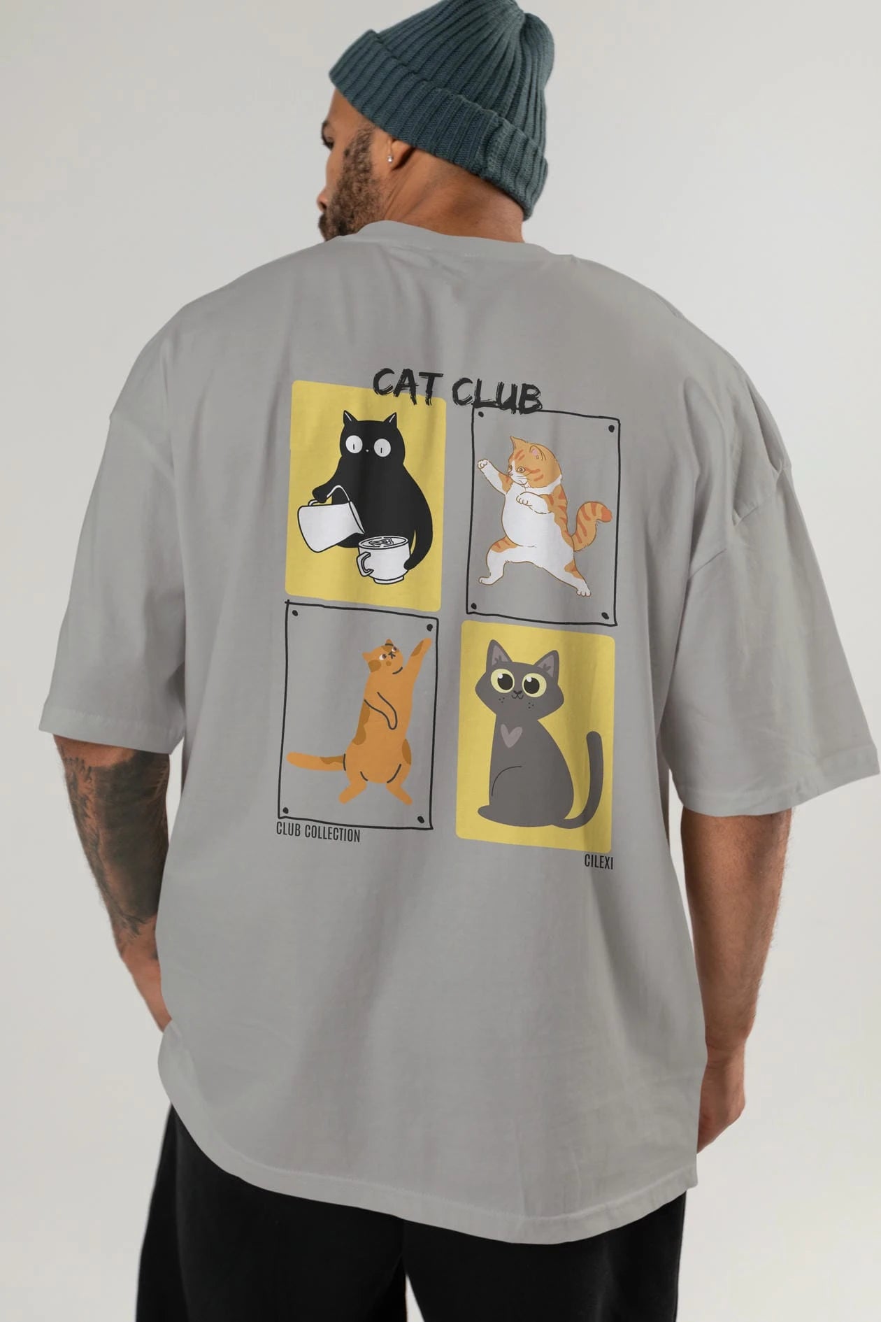 Cat Club Arka Baskılı Oversize t-shirt Erkek Kadın %100 Pamuk Bisiklet Yaka tişort