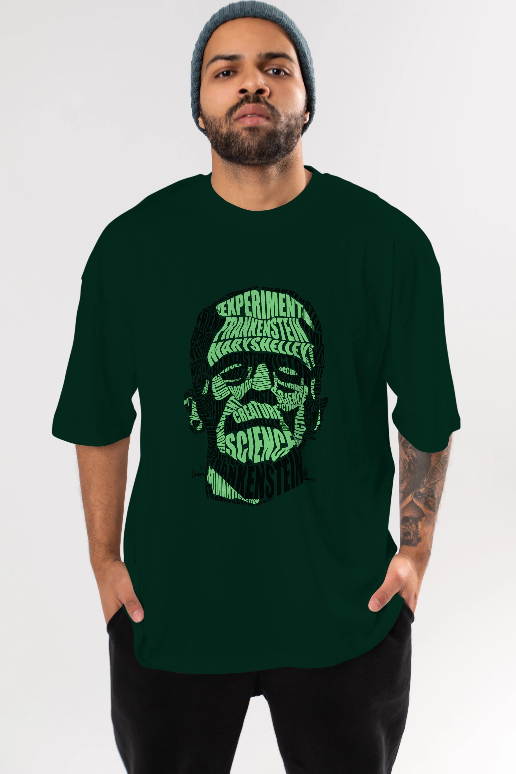 Frankenstein Calligram Ön Baskılı Oversize t-shirt %100 pamuk Erkek Kadın Unisex