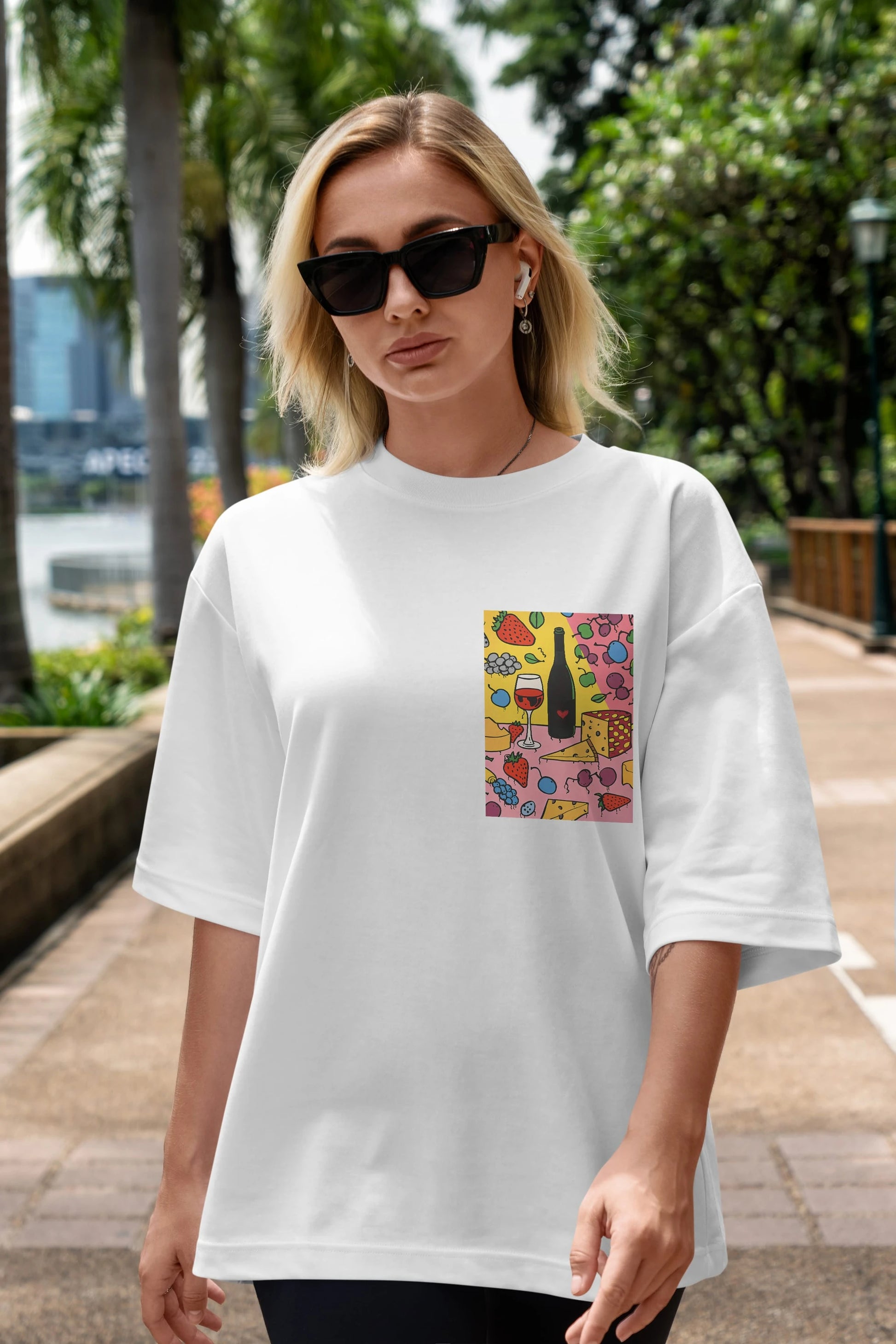 Wine Cheese Fruits Ön Sol Baskılı Oversize t-shirt Erkek Kadın Unisex %100 Pamuk Bisiklet Yaka tişort