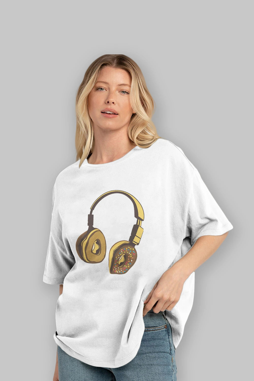 Headphone Donut Ön Baskılı Oversize t-shirt %100 pamuk Erkek Kadın Unisex