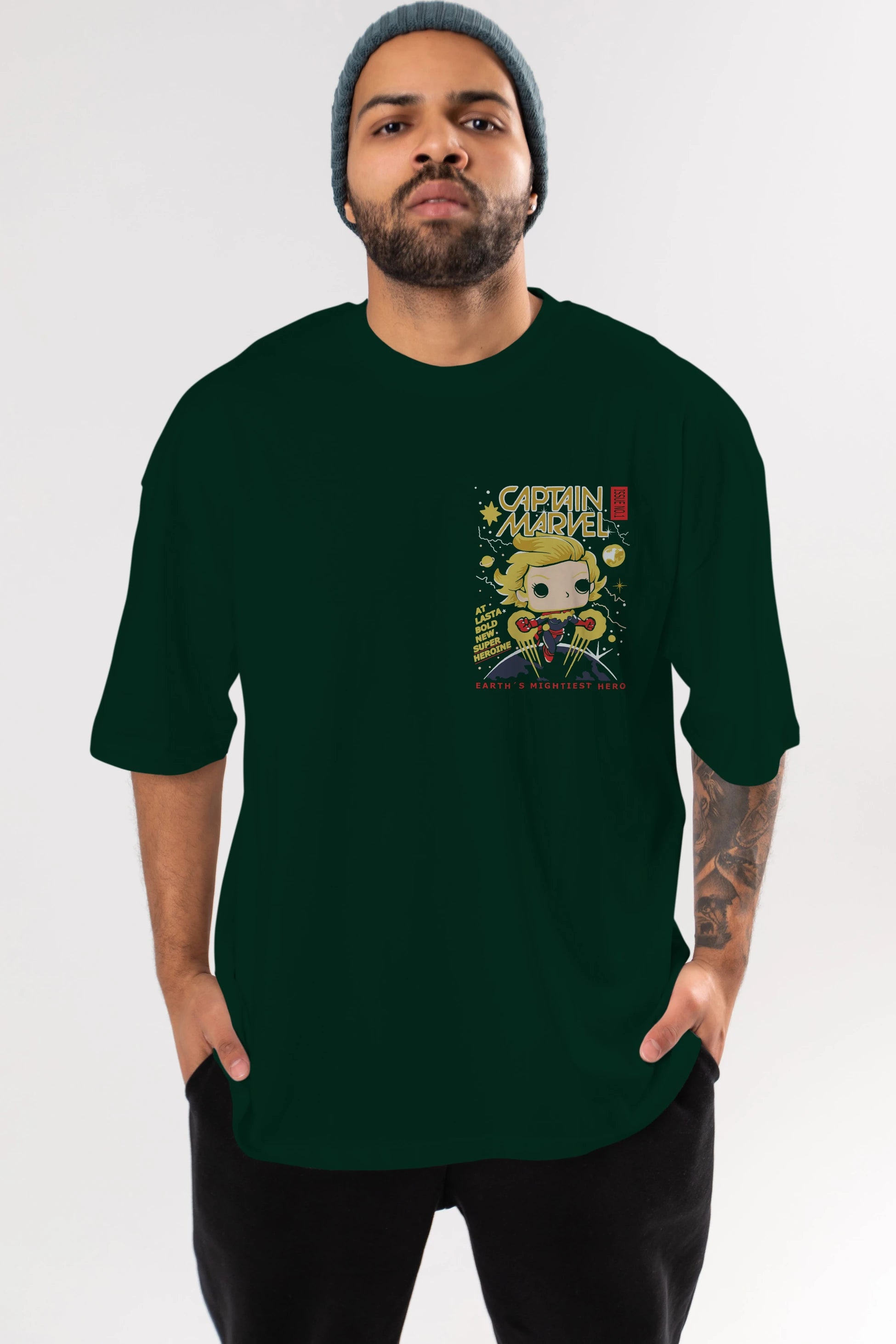 Captain Marvel Ön Sol Baskılı Oversize t-shirt Erkek Kadın Unisex %100 Pamuk Bisiklet Yaka tişort