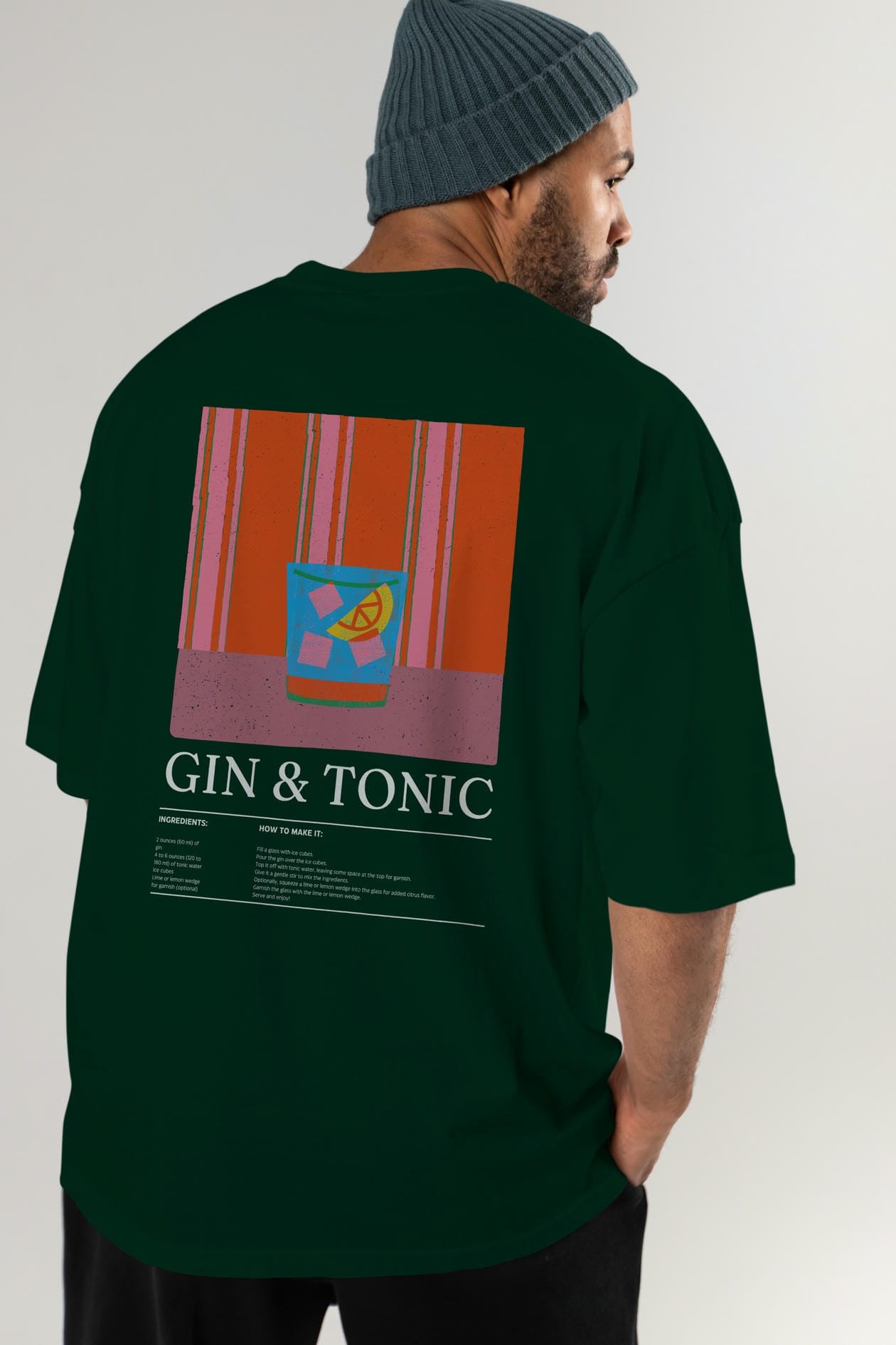 Gin Tonic Kokteyl Serisi Arka Baskılı Oversize t-shirt Erkek Kadın %100 Pamuk Bisiklet Yaka tişort