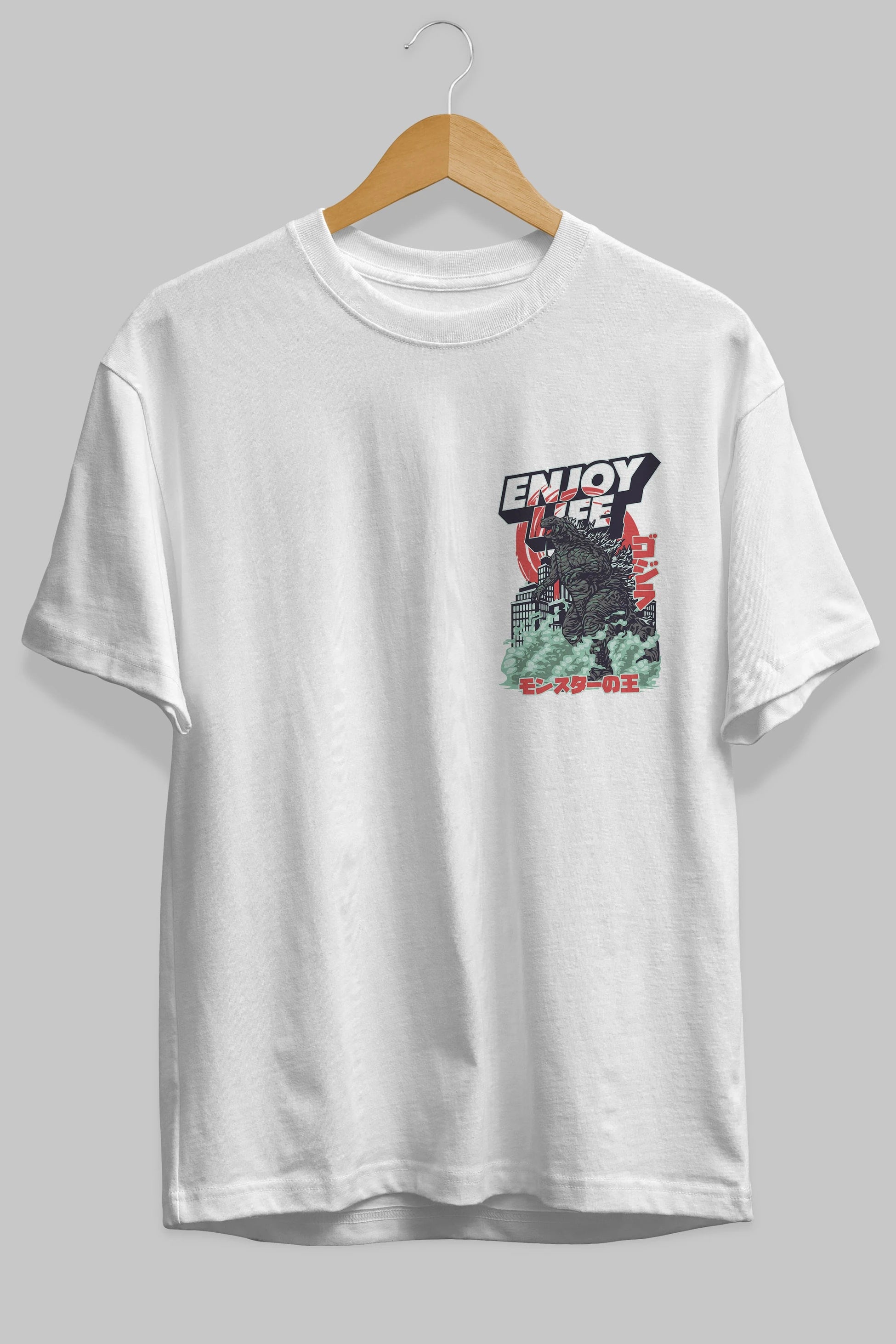 Godzilla Ön Sol Baskılı Oversize t-shirt Erkek Kadın Unisex %100 Pamuk Bisiklet Yaka tişort