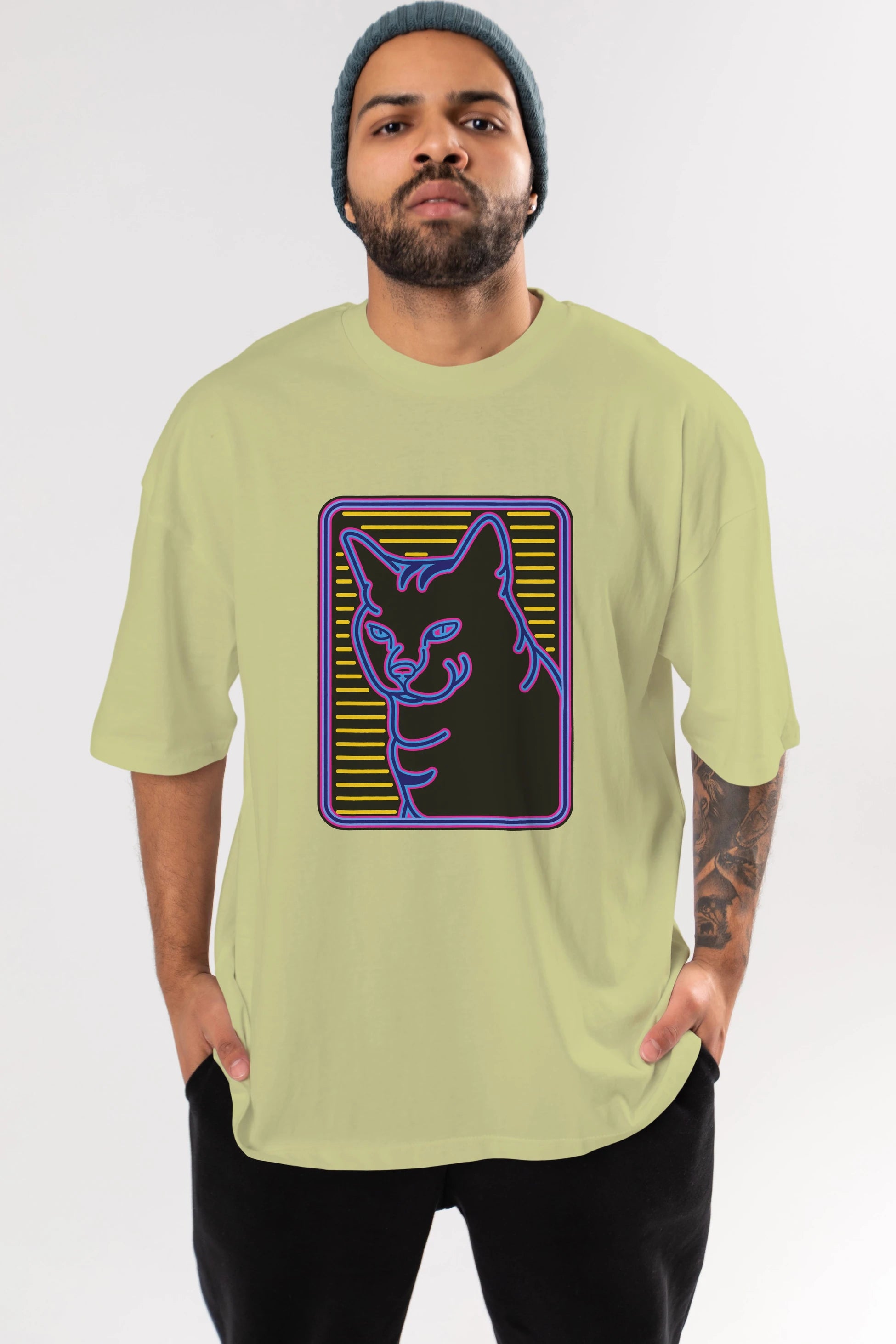 Neon Cat Ön Baskılı Oversize t-shirt Erkek Kadın Unisex