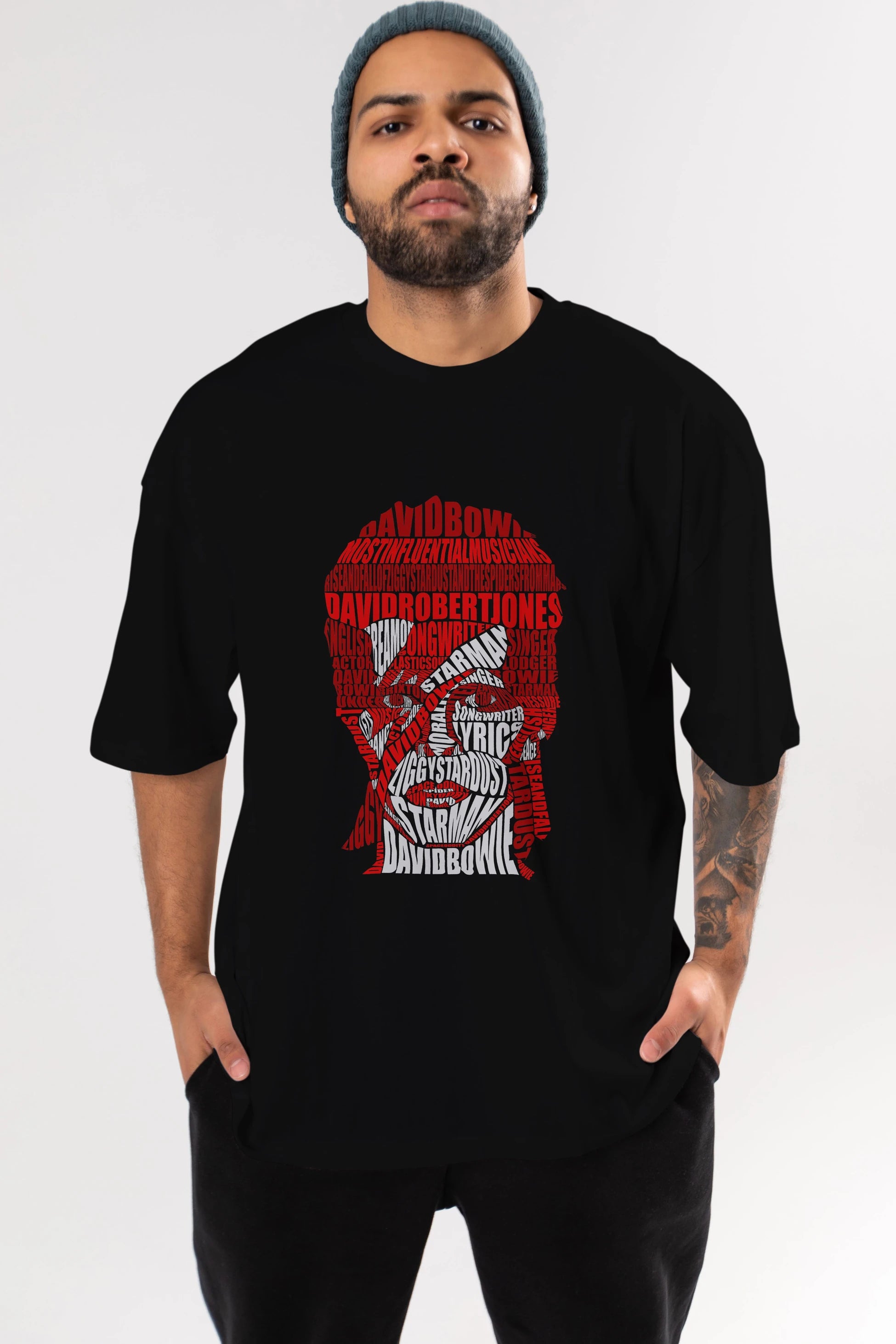 David Bowie Calligram Ön Baskılı Oversize t-shirt %100 pamuk Erkek Kadın Unisex