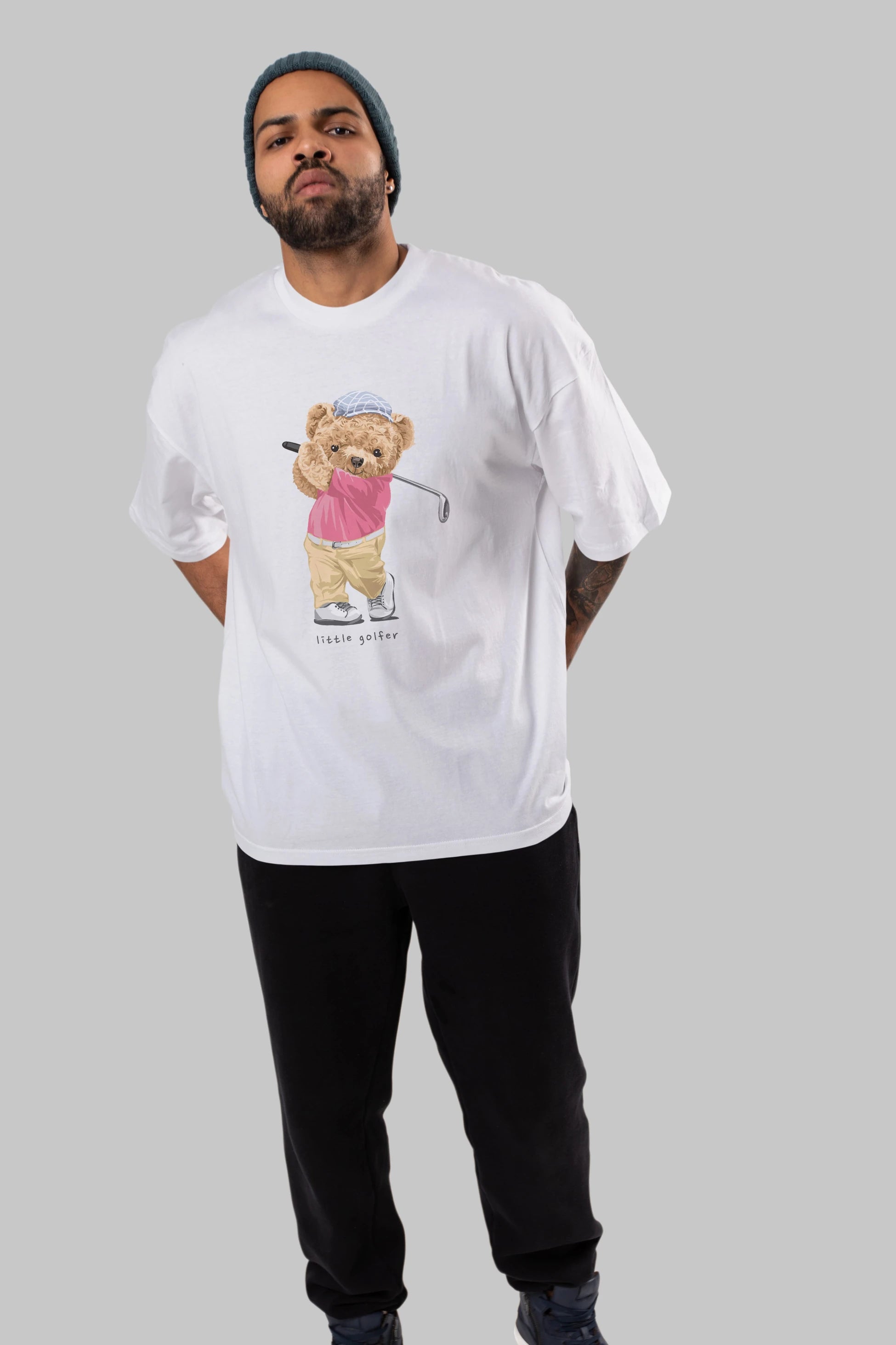 Teddy Bear Little Golfer Ön Baskılı Oversize t-shirt Erkek Kadın Unisex %100 Pamuk