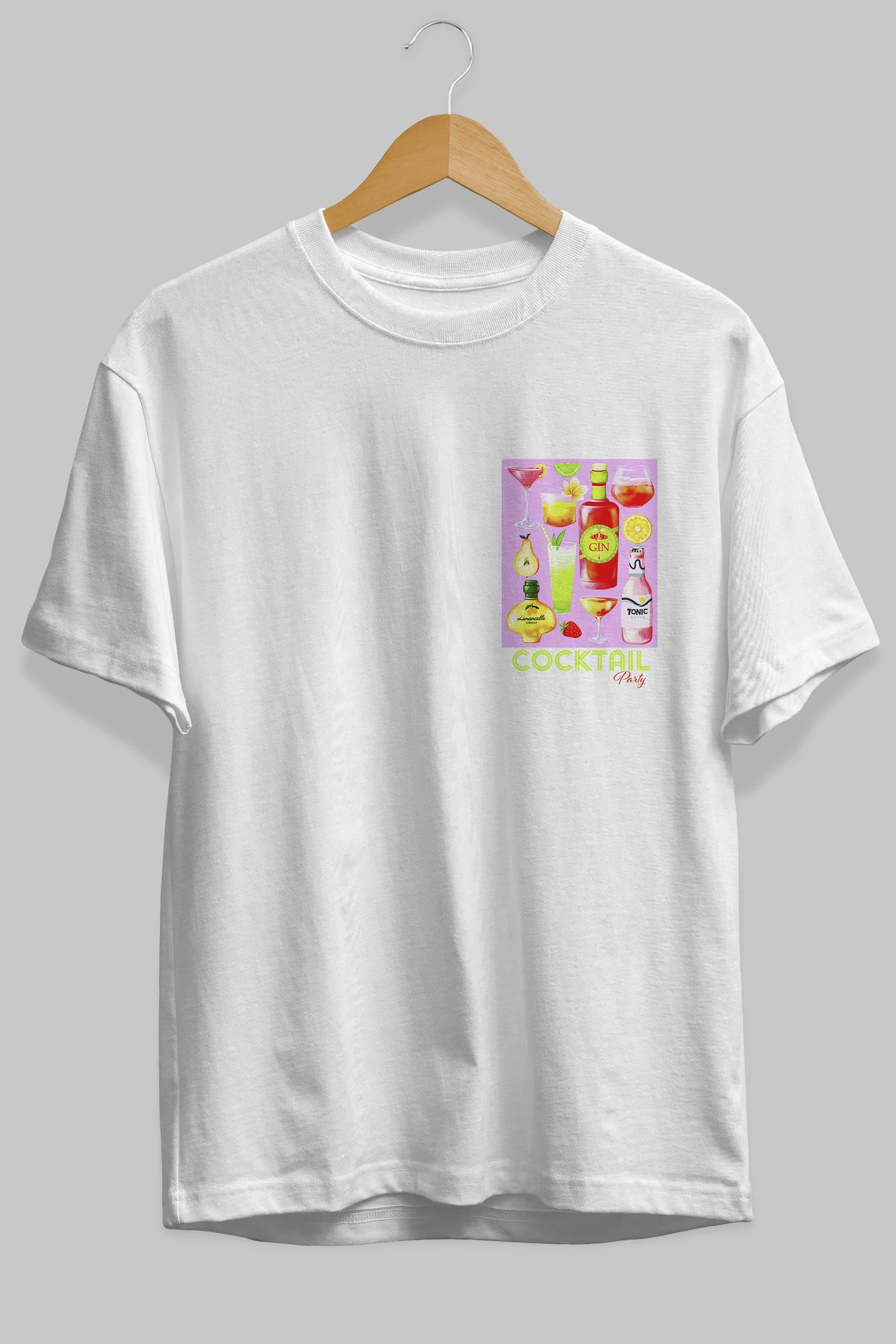 Cocktail Party Ön Sol Baskılı Oversize t-shirt Erkek Kadın Unisex %100 Pamuk Bisiklet Yaka tişort