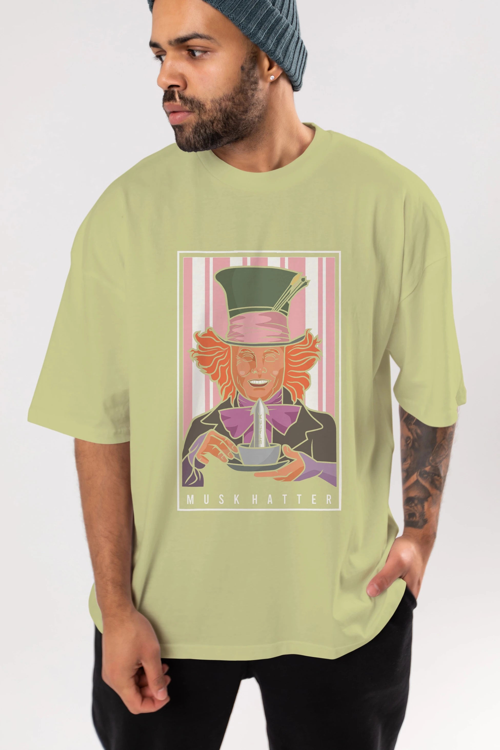 Mad Hatter Elon Musk Ön Baskılı Oversize t-shirt Erkek Kadın Unisex %100 Pamuk tişort