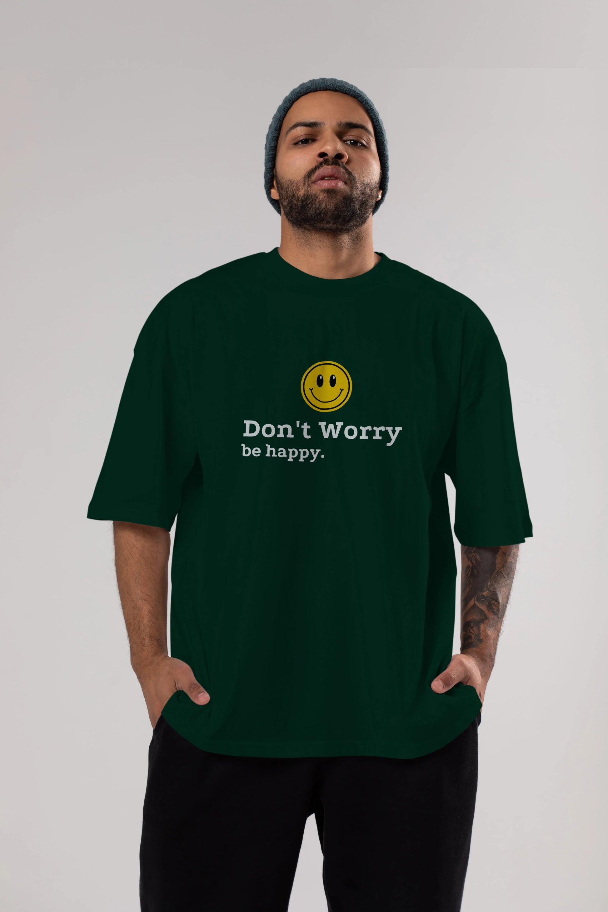 Don't Worry Be Happy Yazılı Ön Baskılı Oversize t-shirt Erkek Kadın Unisex