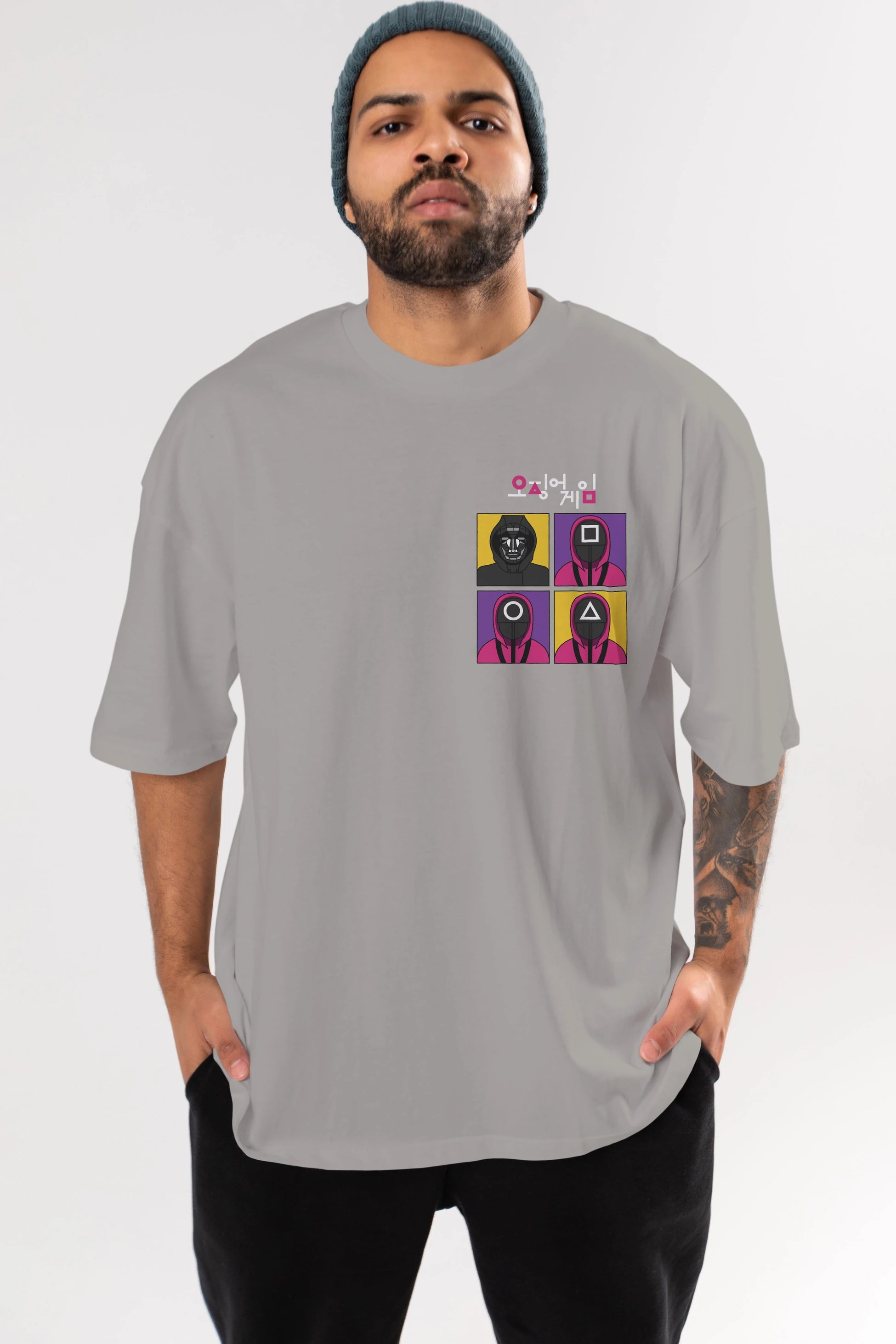 Squid Game (1) Ön Sol Baskılı Oversize t-shirt Erkek Kadın Unisex %100 Pamuk Bisiklet Yaka tişort