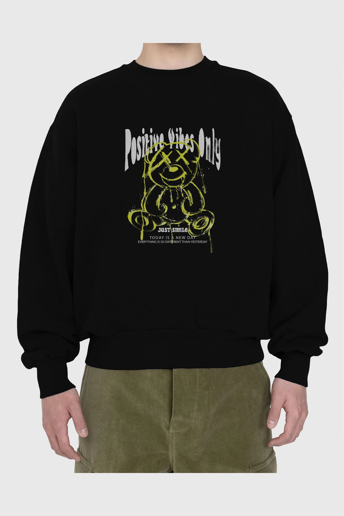 Positive Vibes Only Bear Ön Baskılı Oversize Sweatshirt Erkek Kadın Unisex