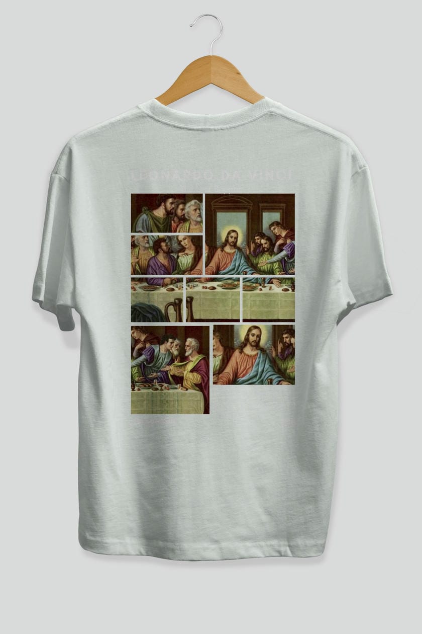 Leonardo Da Vinci Arka Baskılı Oversize t-shirt Erkek Kadın Bisiklet Yaka Pamuk tişort