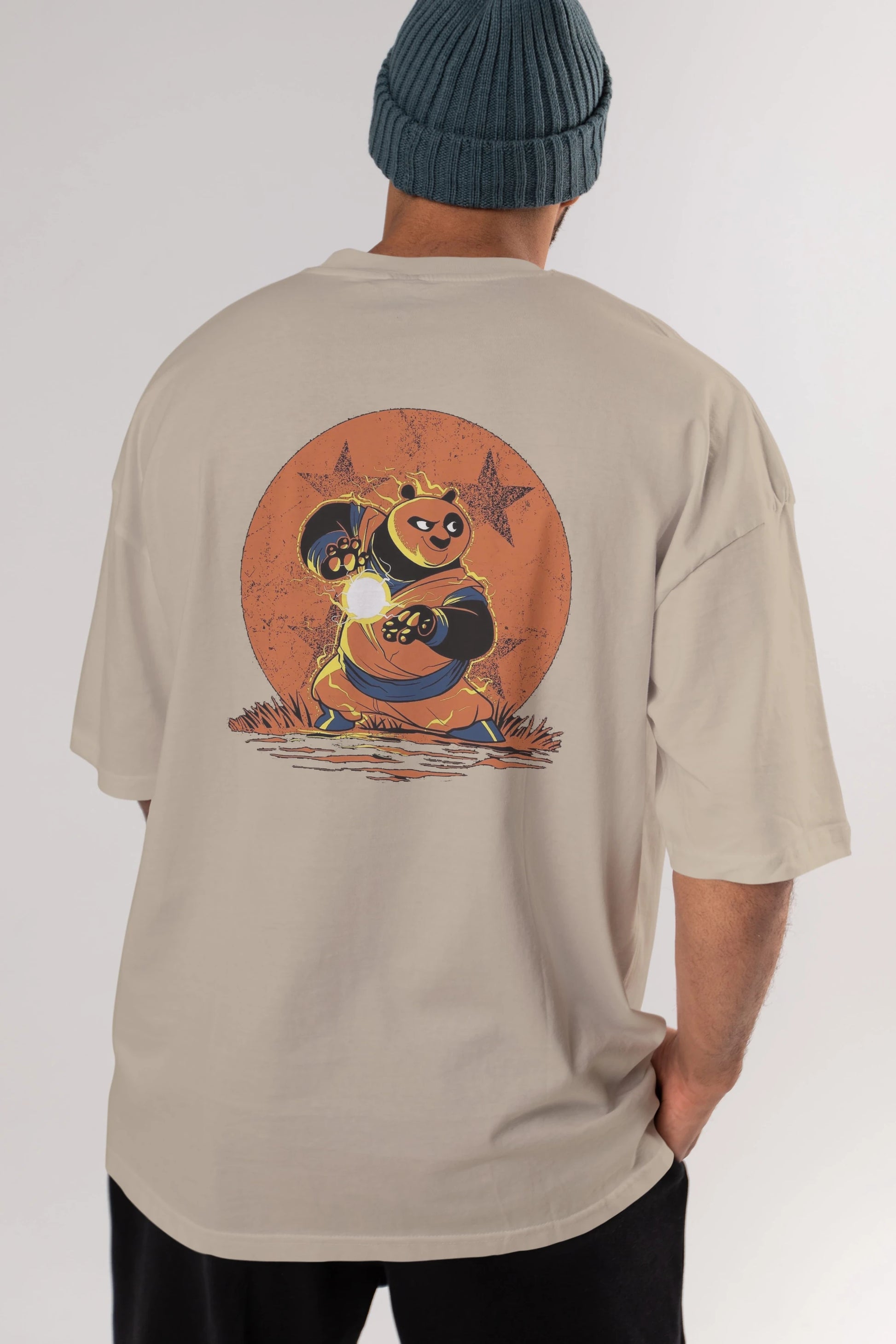 Kung Fu Panda Arka Baskılı Oversize t-shirt Erkek Kadın Unisex %100 Pamuk Bisiklet Yaka tişort