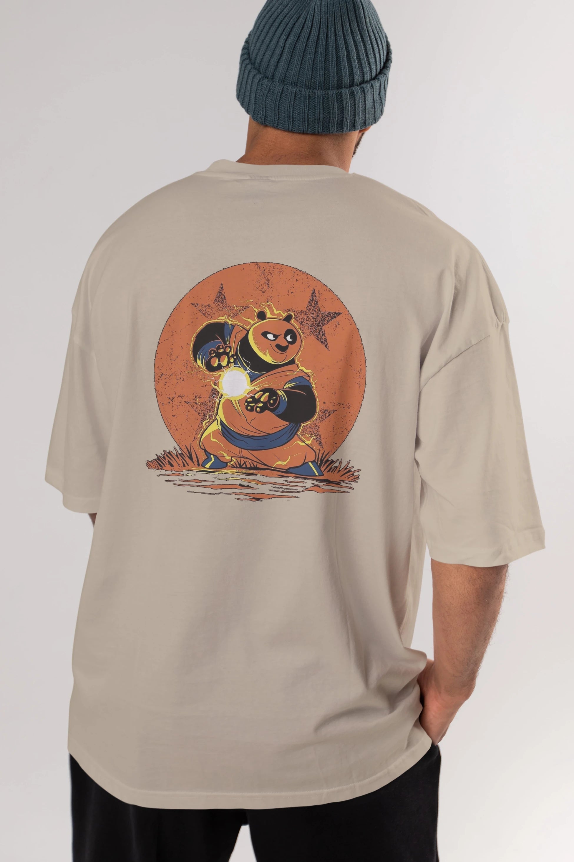Kung Fu Panda Arka Baskılı Oversize t-shirt Erkek Kadın Unisex %100 Pamuk Bisiklet Yaka tişort