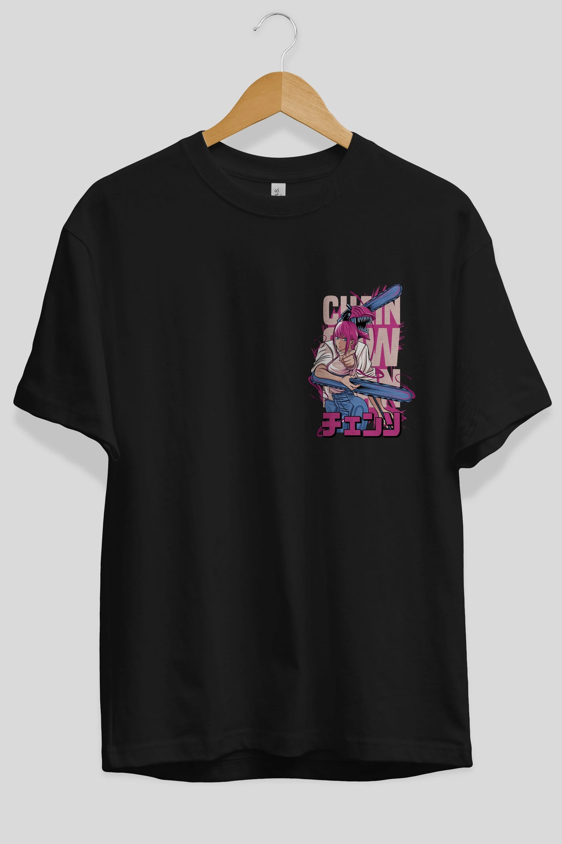 DENJI and MAKIMA Ön Sol Baskılı Oversize t-shirt Erkek Kadın Unisex %100 Pamuk Bisiklet Yaka tişort