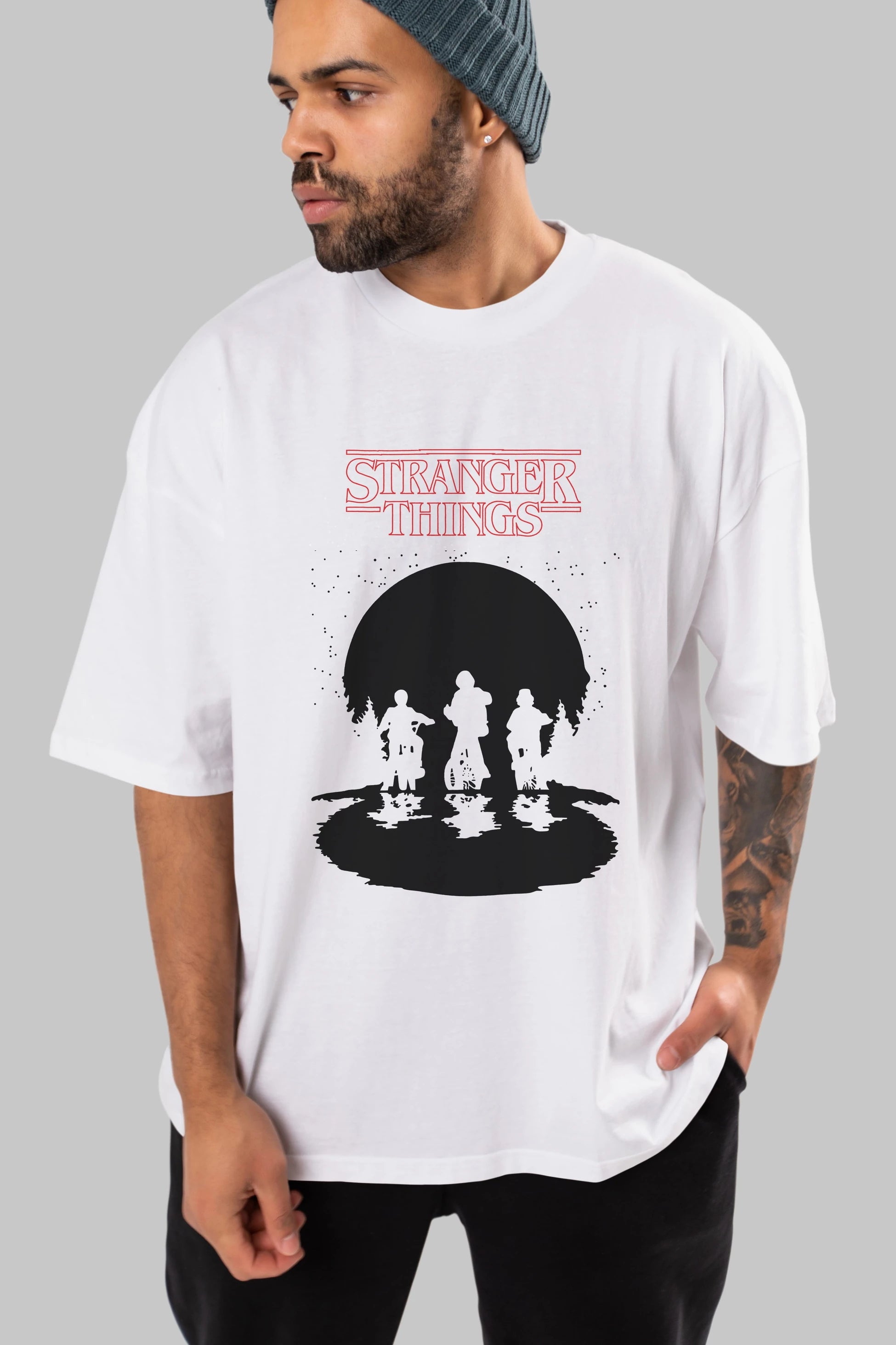 Stranger Things Ön Baskılı Oversize t-shirt Erkek Kadın Unisex %100 Pamuk Bisiklet Yaka tişort