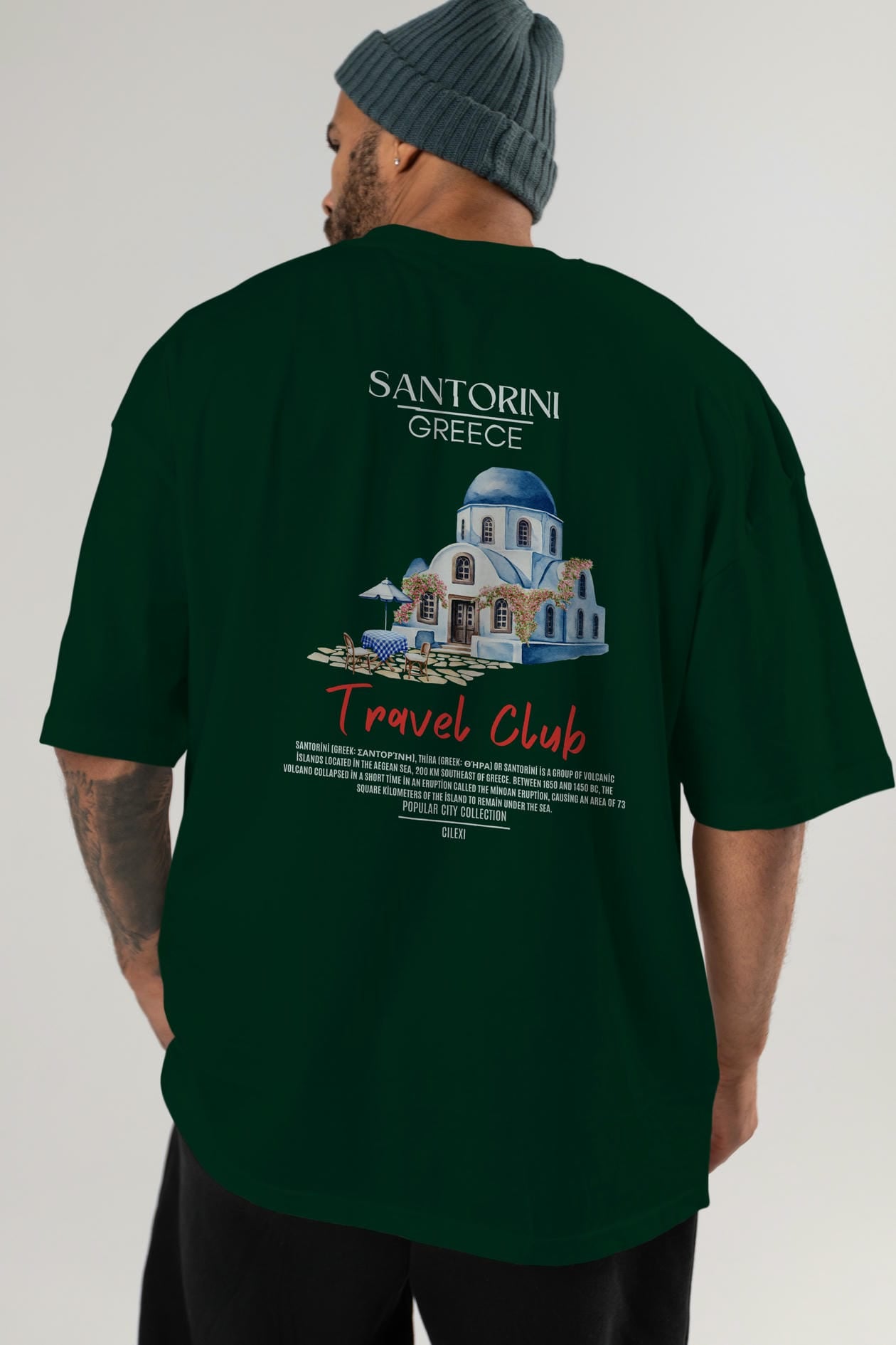 Santorini Greece Arka Baskılı Oversize t-shirt Erkek Kadın Pamuk Bisiklet Yaka tişort