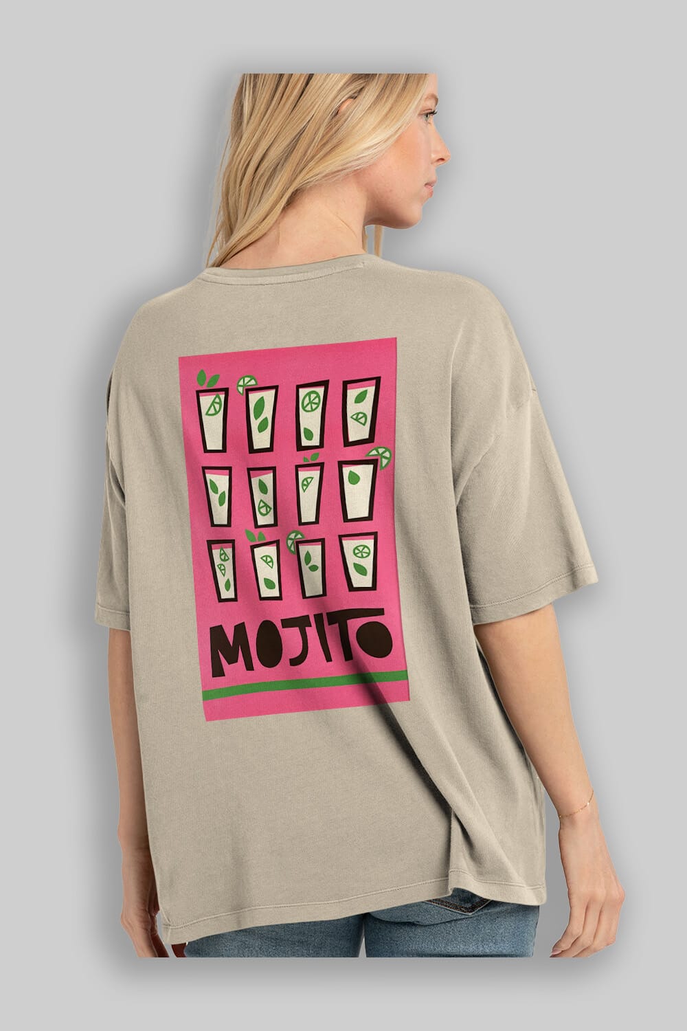 Mojito Arka Baskılı Oversize t-shirt Erkek Kadın Unisex %100 Pamuk Bisiklet Yaka tişort