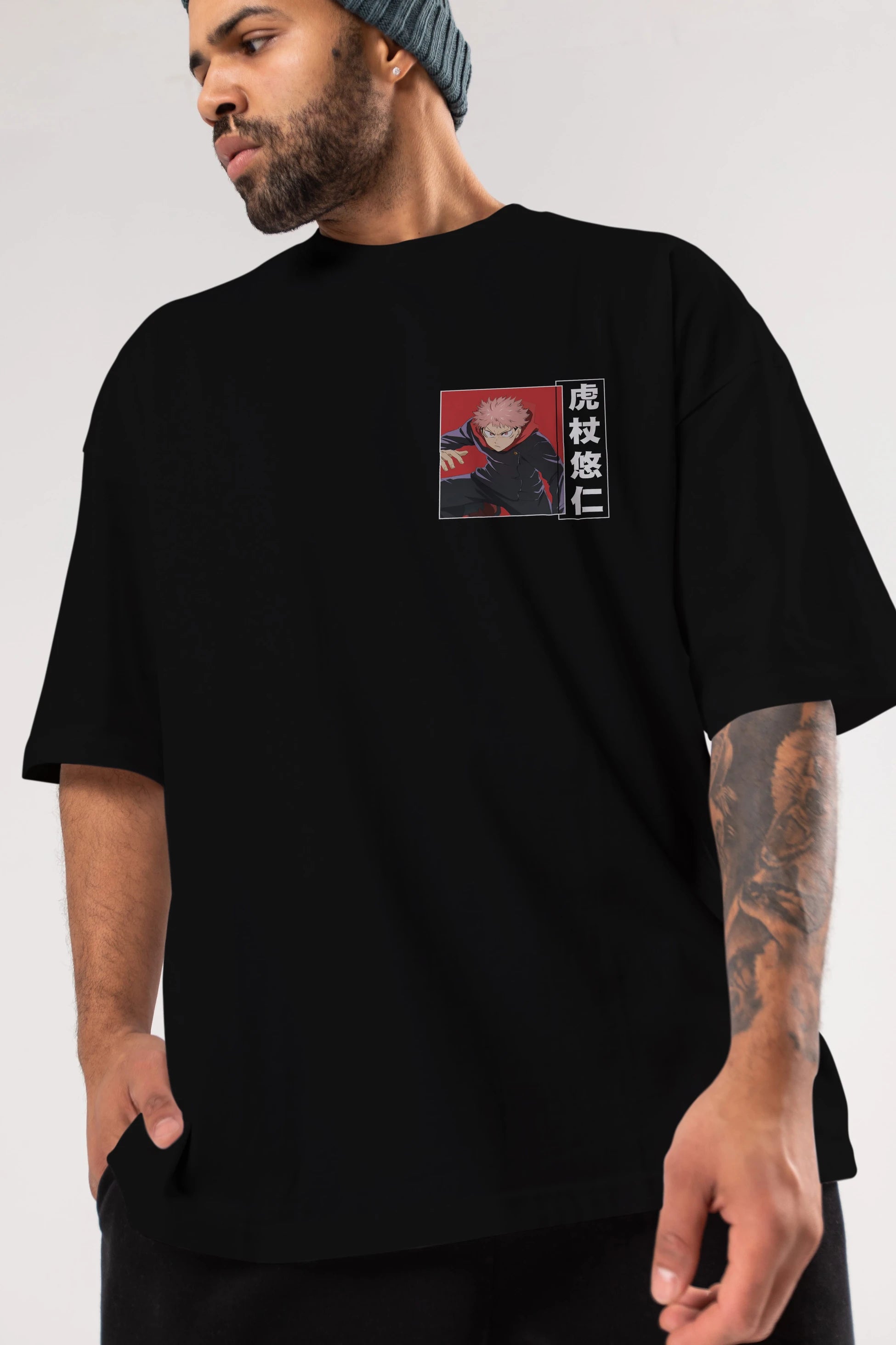 Yuuji Itadori 2 Ön Sol Baskılı Oversize t-shirt Erkek Kadın Unisex %100 Pamuk Bisiklet Yaka tişort