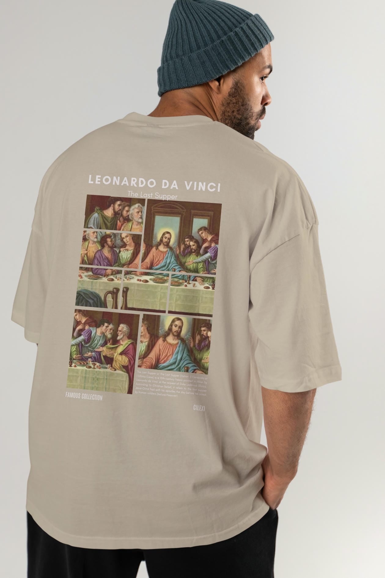 Leonardo Da Vinci Arka Baskılı Oversize t-shirt Erkek Kadın Bisiklet Yaka Pamuk tişort