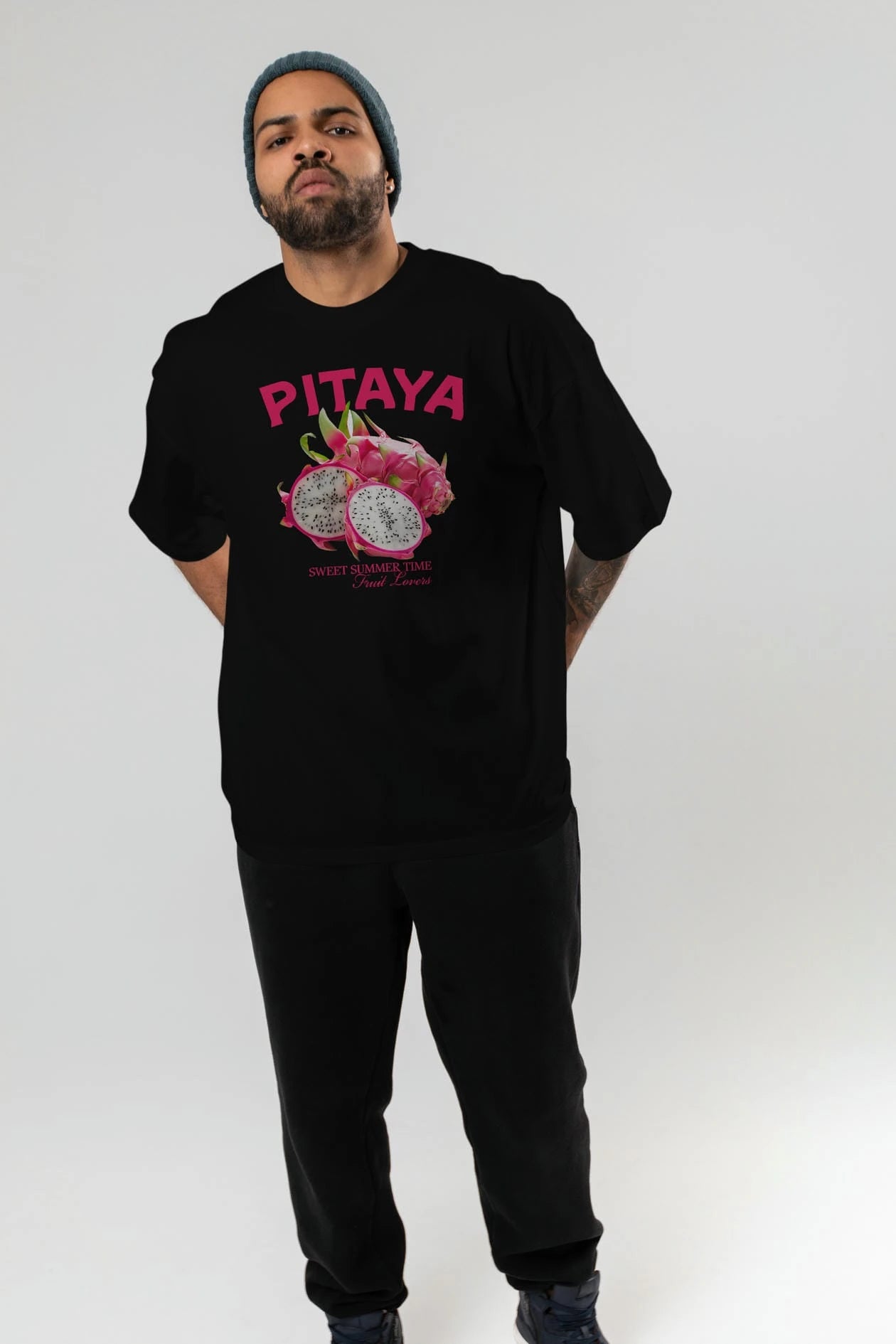 Pitaya Ön Baskılı Oversize t-shirt Erkek Kadın Pamuk Bisiklet Yaka tişort