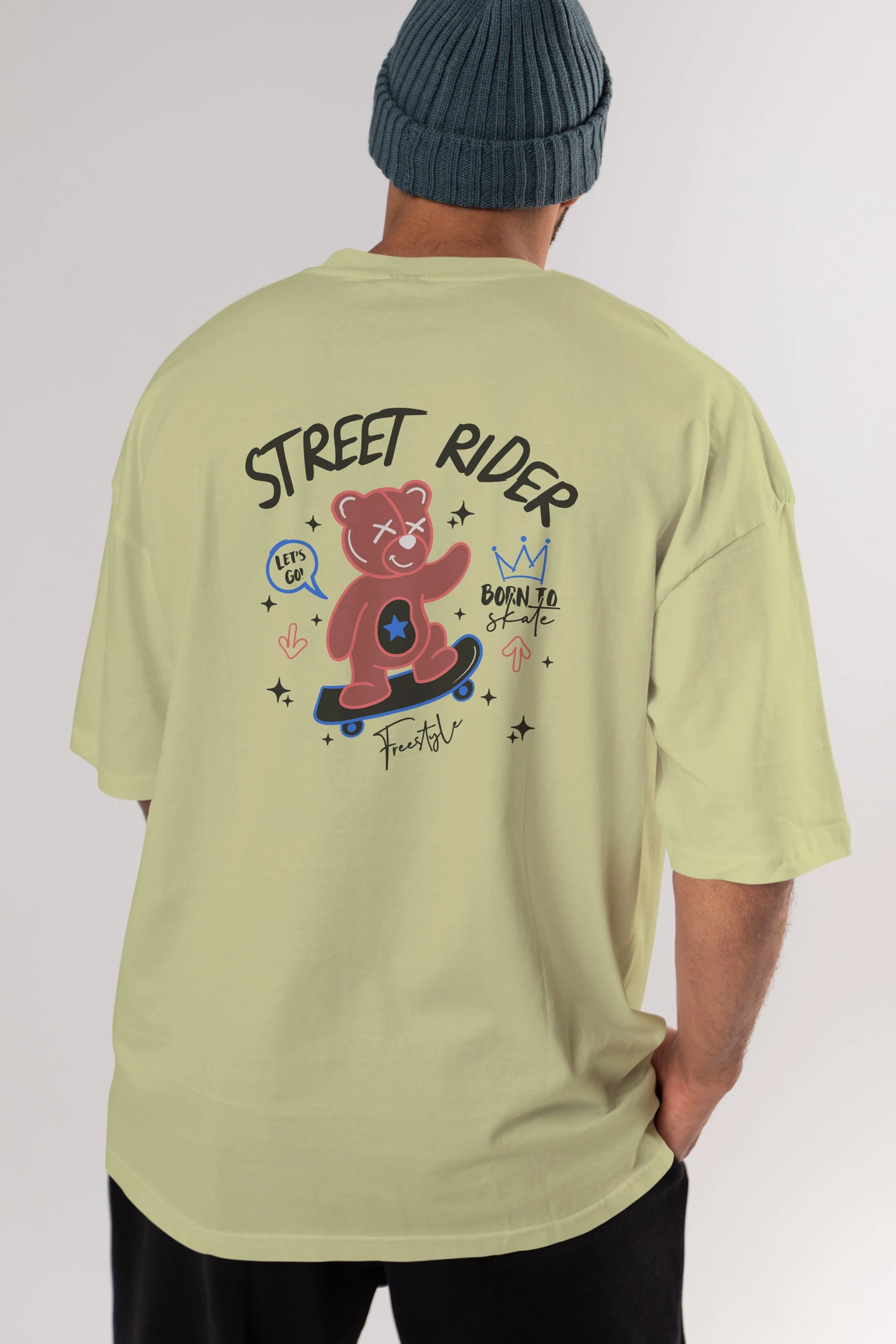 Street Rider Bear Arka Baskılı Oversize t-shirt Erkek Kadın Unisex