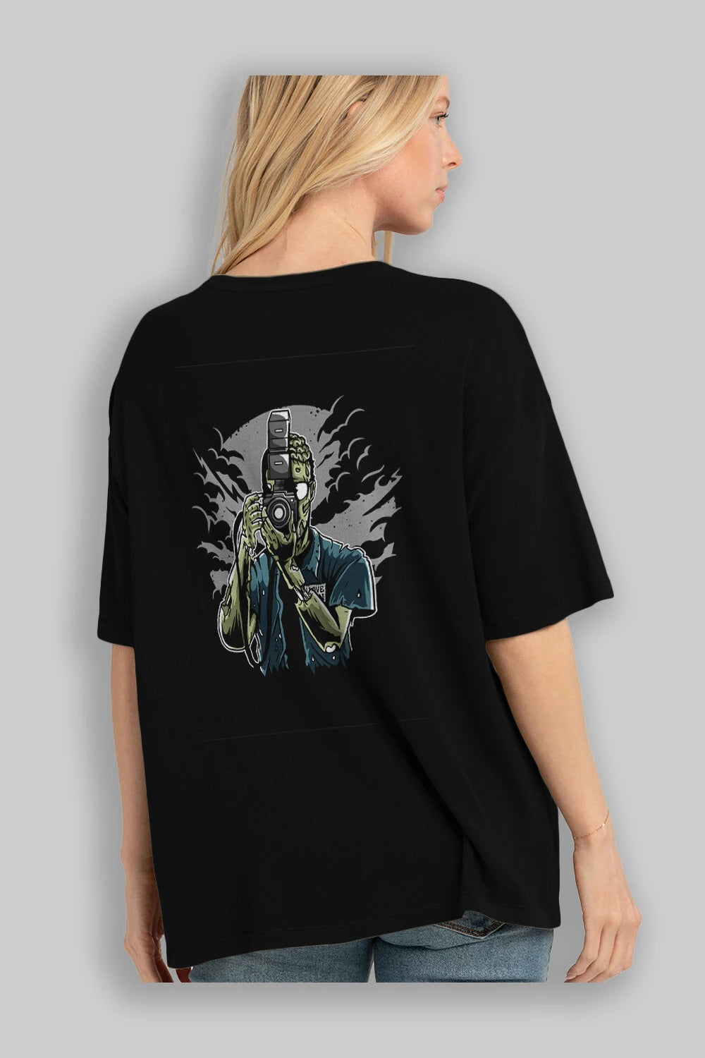 Zombie Photographer Arka Baskılı Oversize t-shirt Erkek Kadın Unisex %100 Pamuk