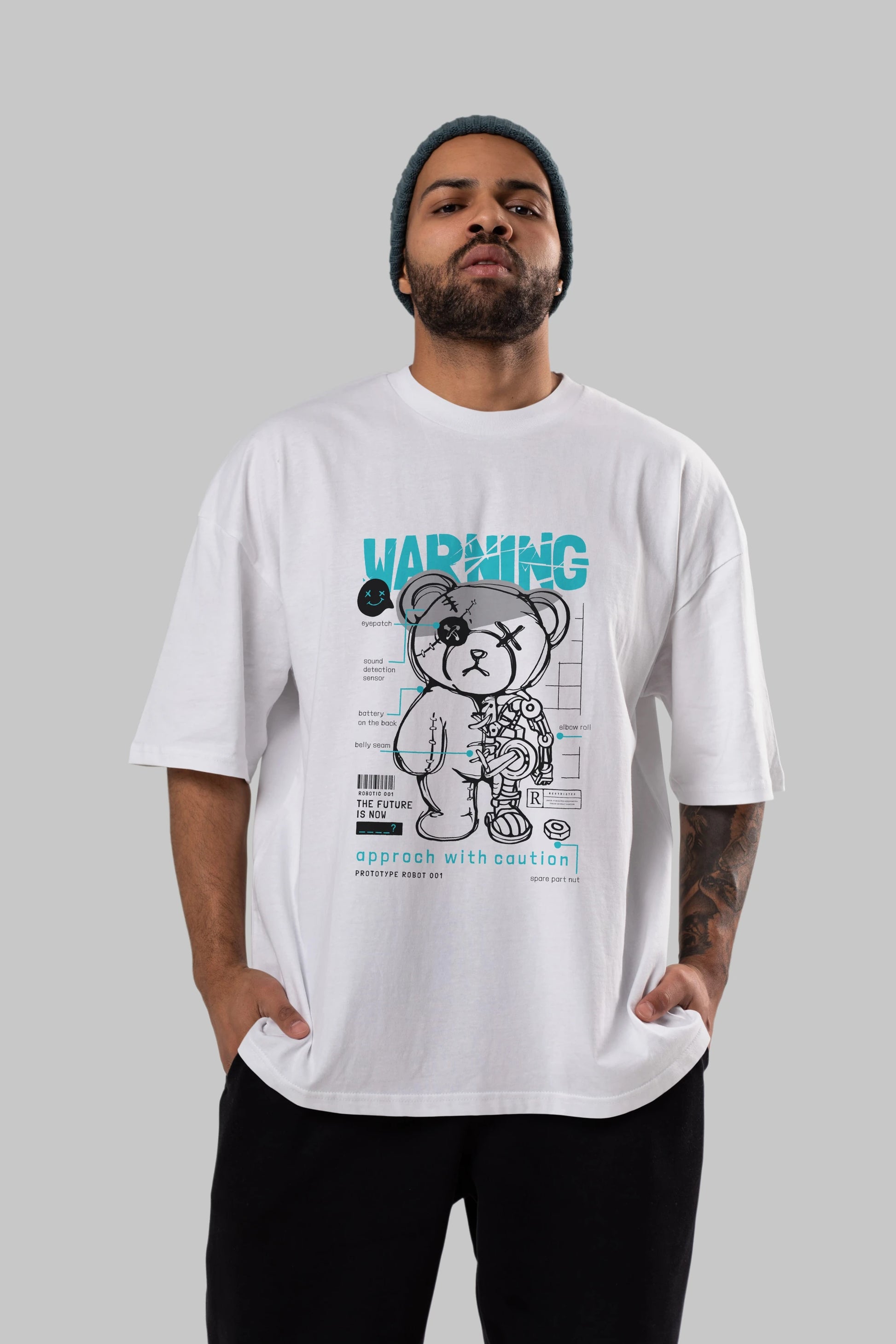 Teddy Bear Warning Ön Baskılı Oversize t-shirt Erkek Kadın Unisex