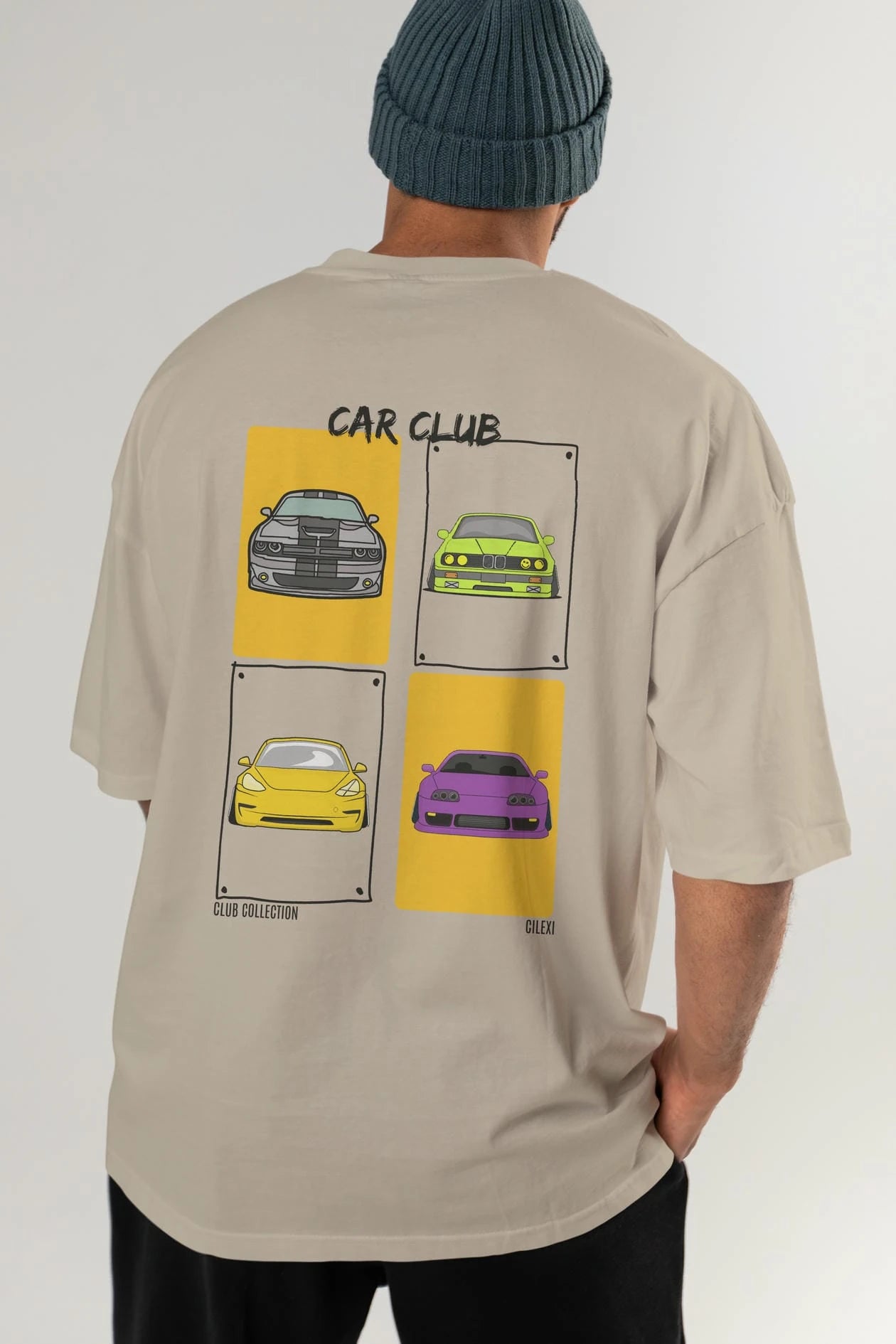 Car Club Arka Baskılı Oversize t-shirt Erkek Kadın %100 Pamuk Bisiklet Yaka tişort