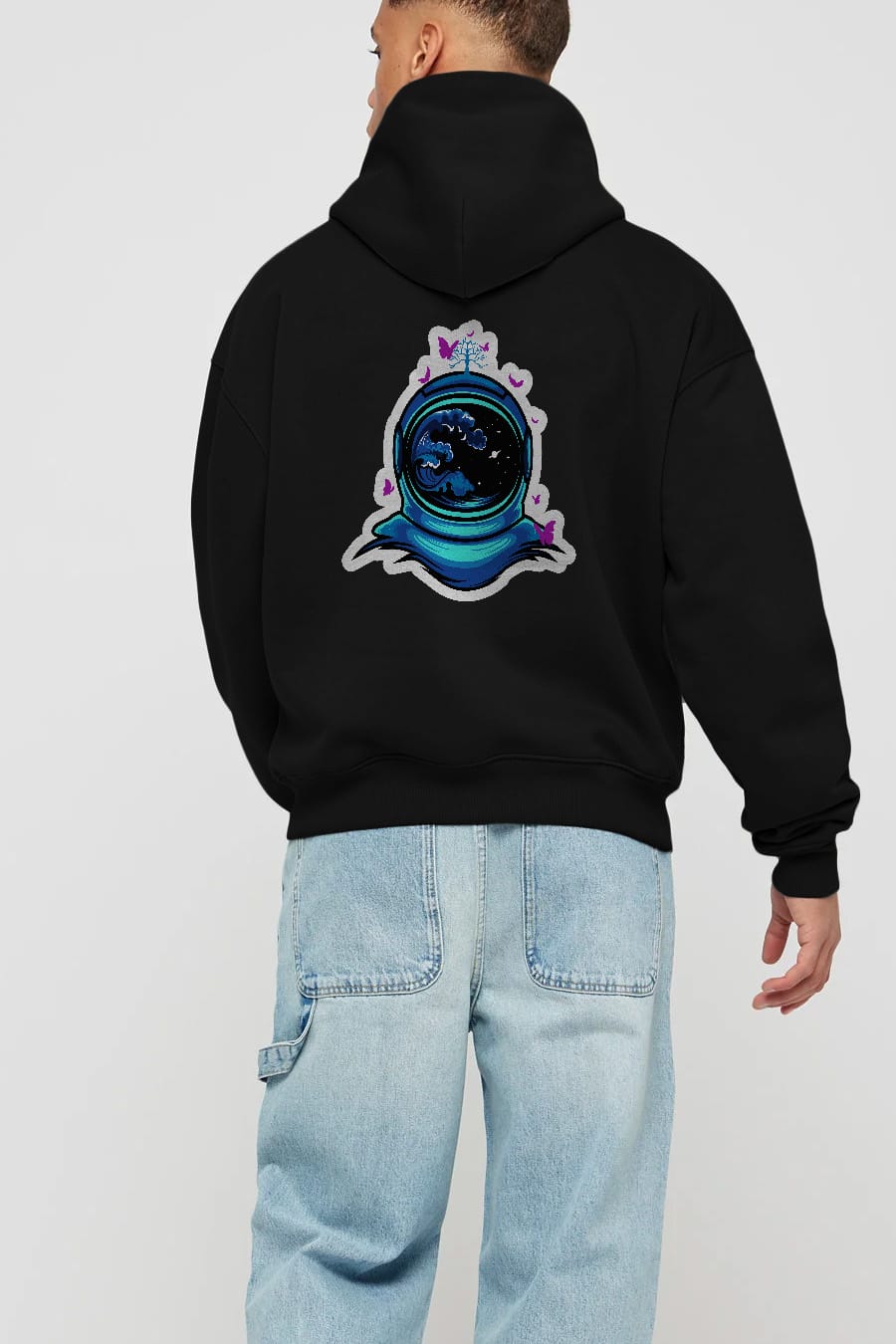 Astronaut and Butterfly Sticker Arka Baskılı Hoodie Oversize Kapüşonlu Sweatshirt Erkek Kadın Unisex