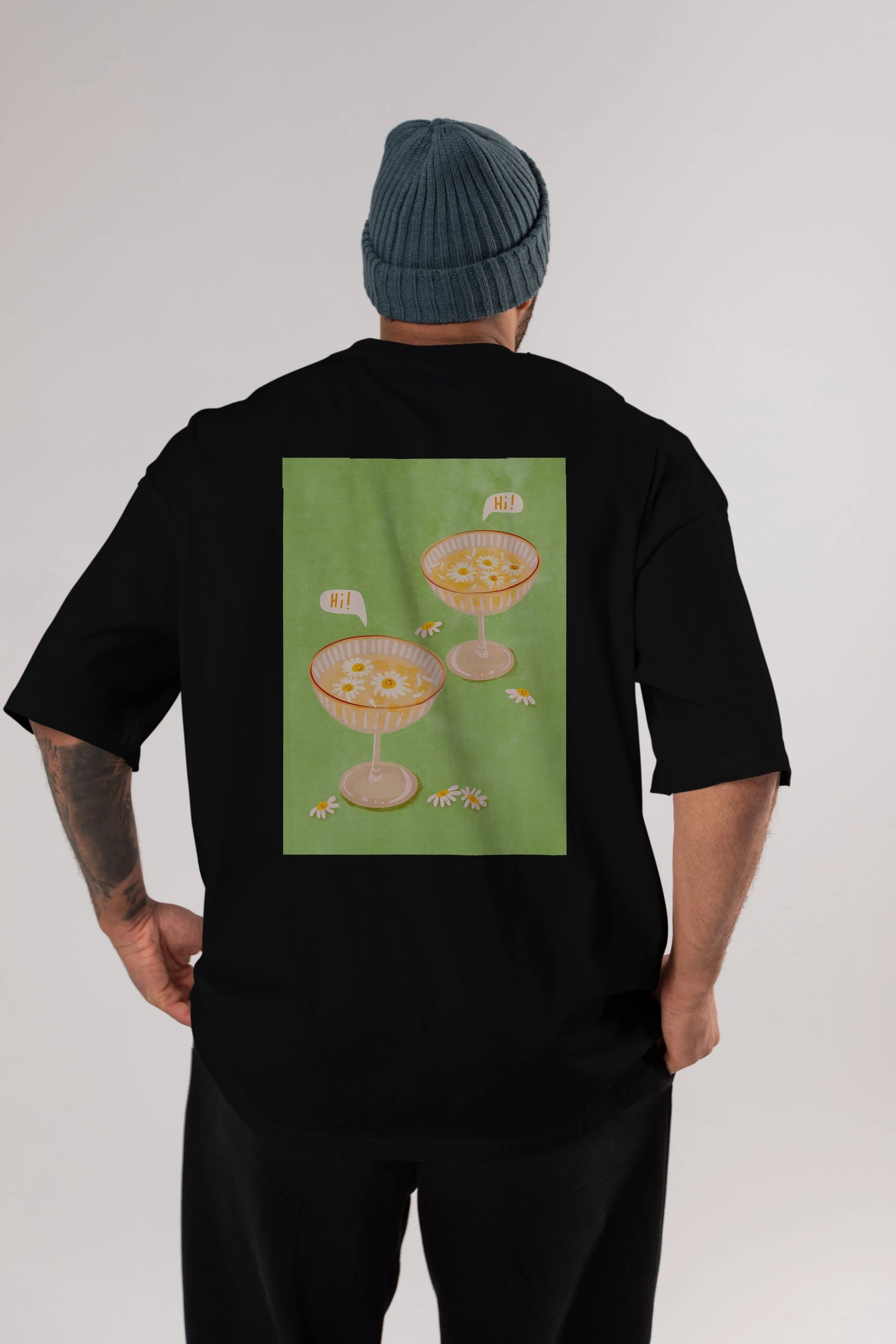 Hi Cheers Arka Baskılı Oversize t-shirt Erkek Kadın Unisex %100 Pamuk Bisiklet Yaka tişort