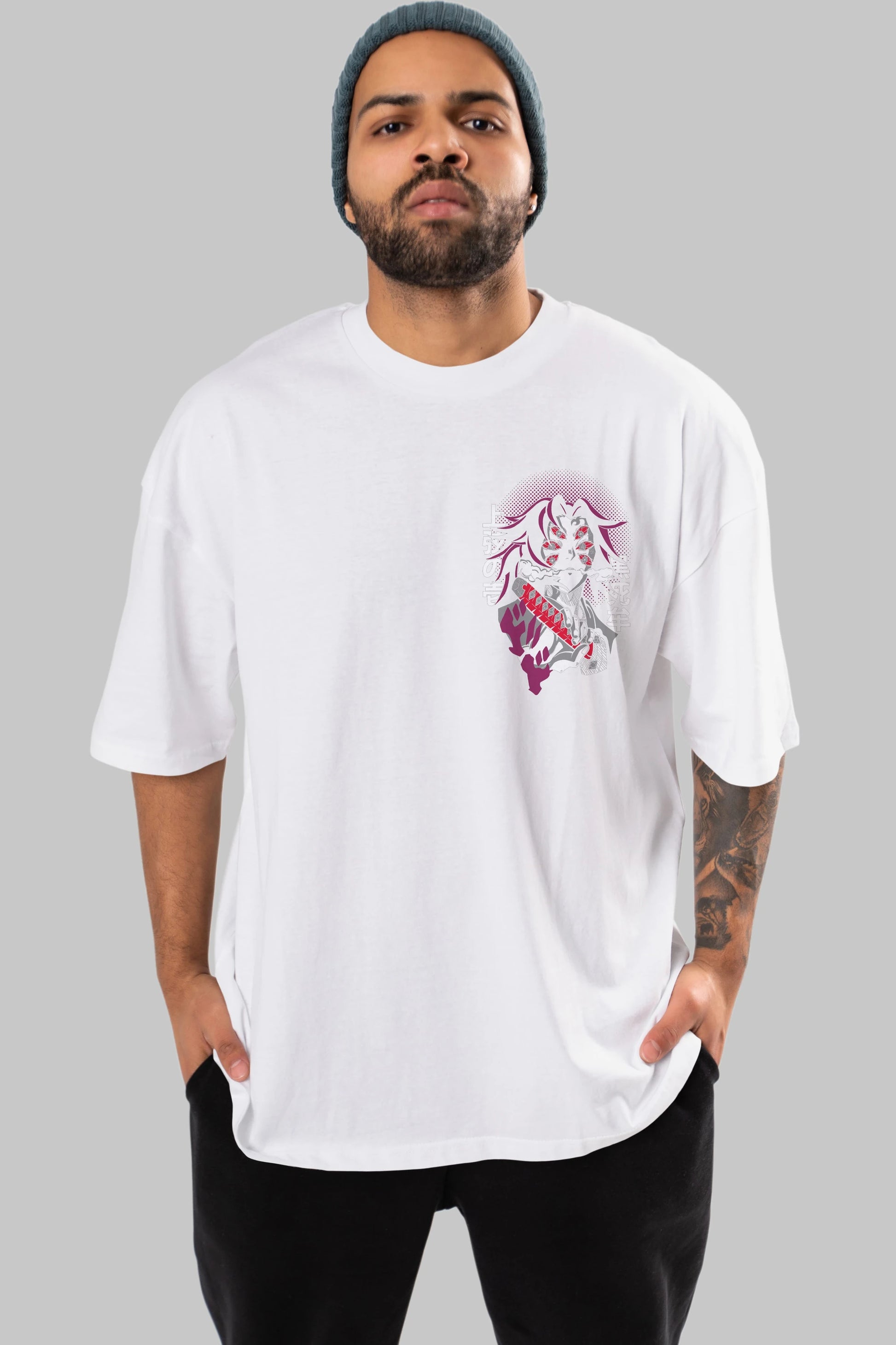 Kokushibo Ön Sol Baskılı Oversize t-shirt Erkek Kadın Unisex %100 Pamuk Bisiklet Yaka tişort