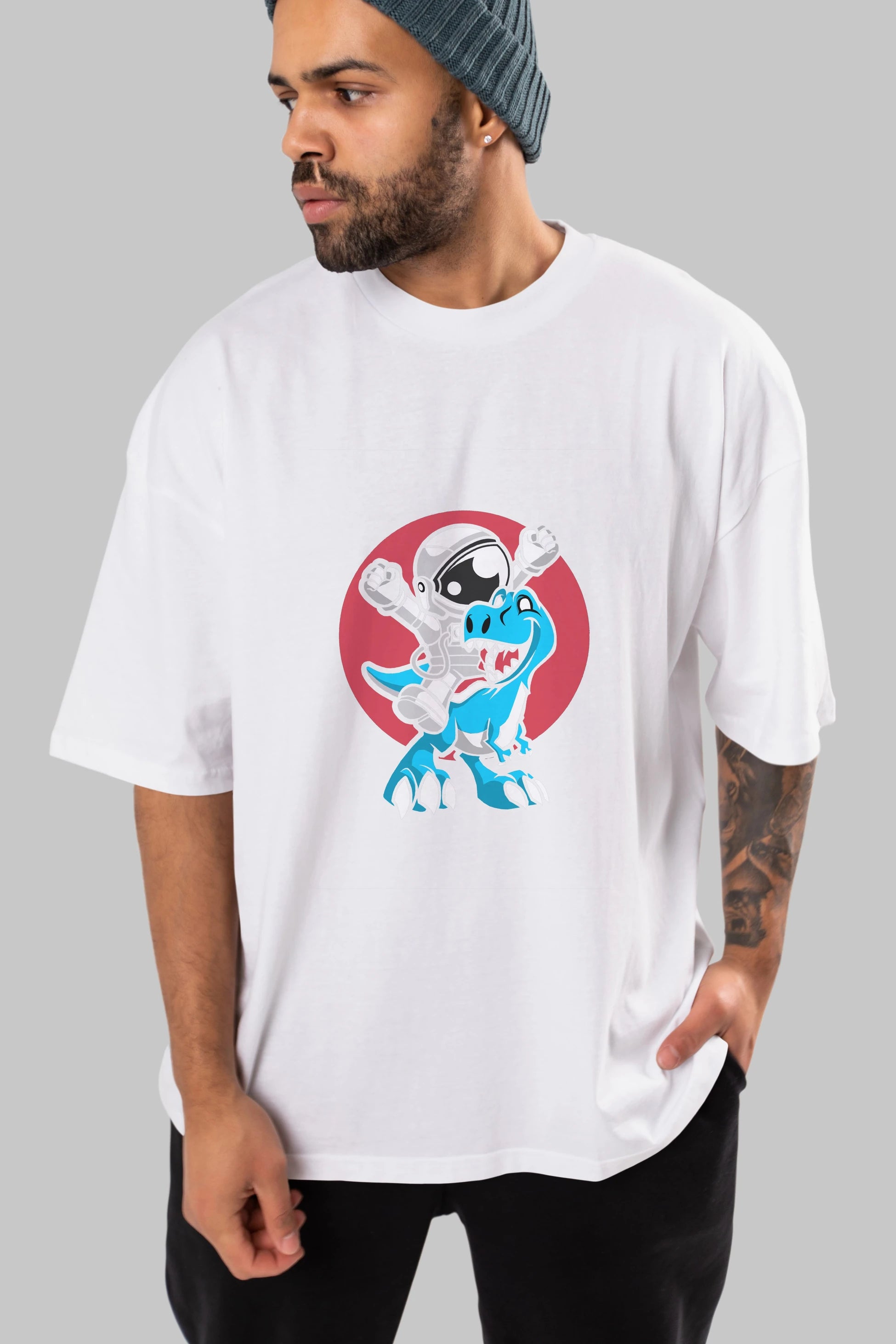 Astronaut Dino Ön Baskılı Oversize t-shirt Erkek Kadın Unisex %100 Pamuk tişort