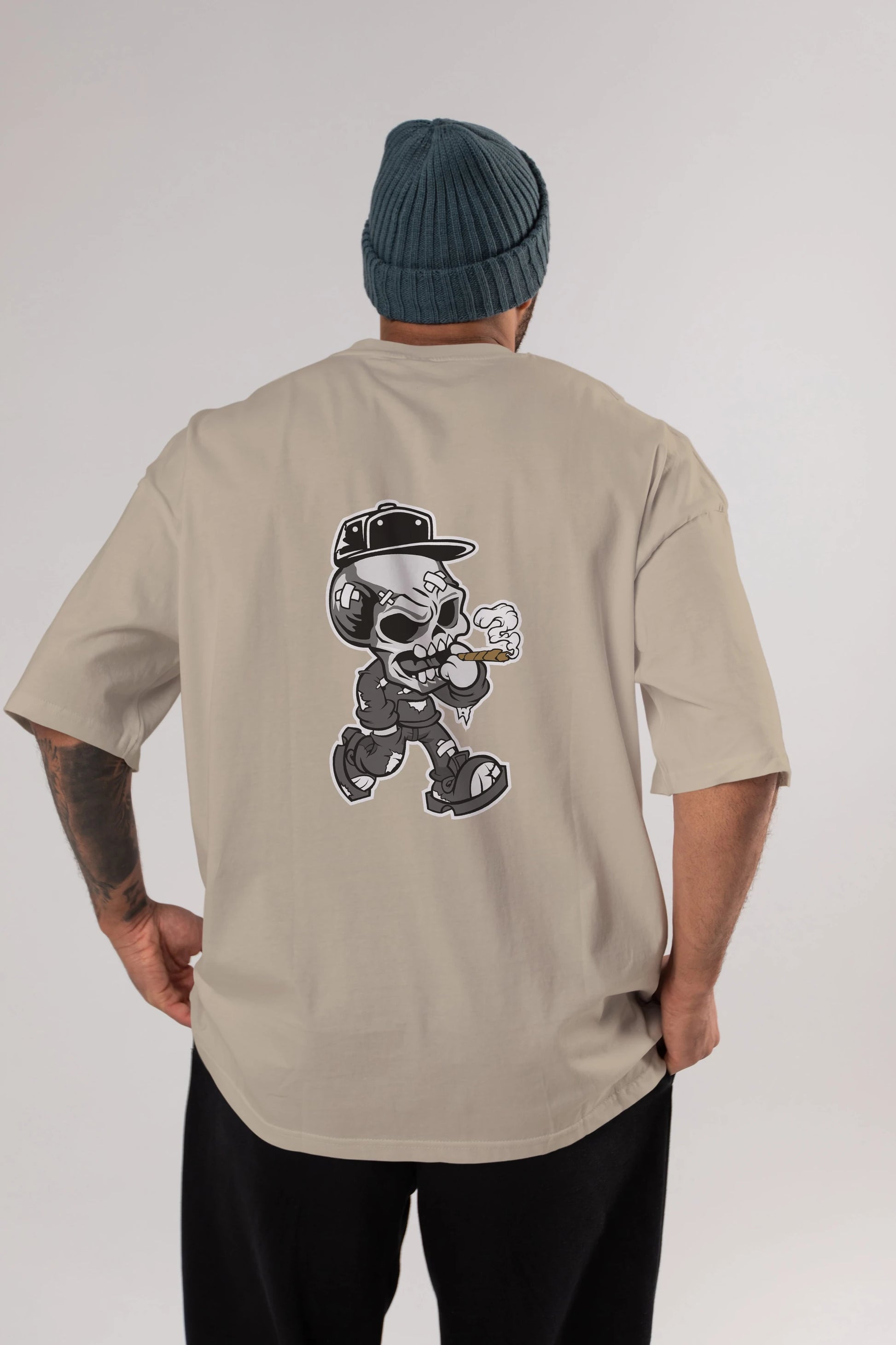Skull Smoker Arka Baskılı Oversize t-shirt Erkek Kadın Unisex %100 Pamuk tişort