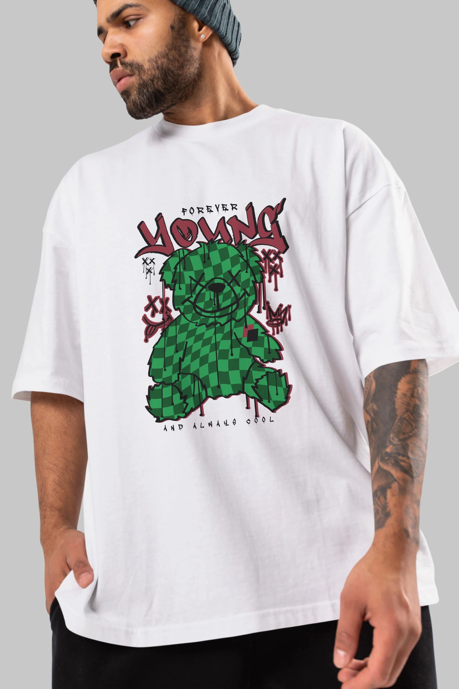 Young and Always Cool Bear Ön Baskılı Oversize t-shirt Erkek Kadın Unisex