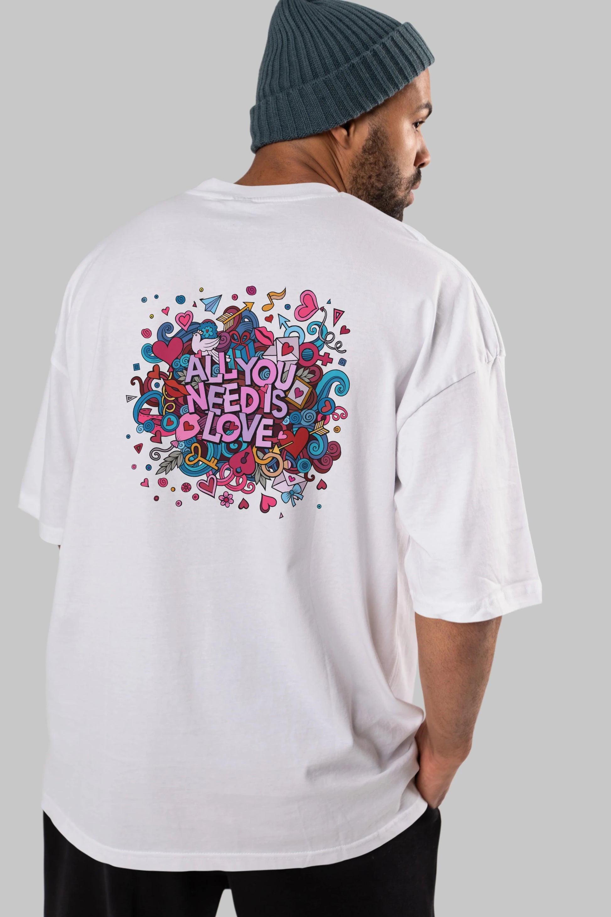Cute Fun Colorful Heart Art Love Arka Baskılı Oversize t-shirt Erkek Kadın Unisex