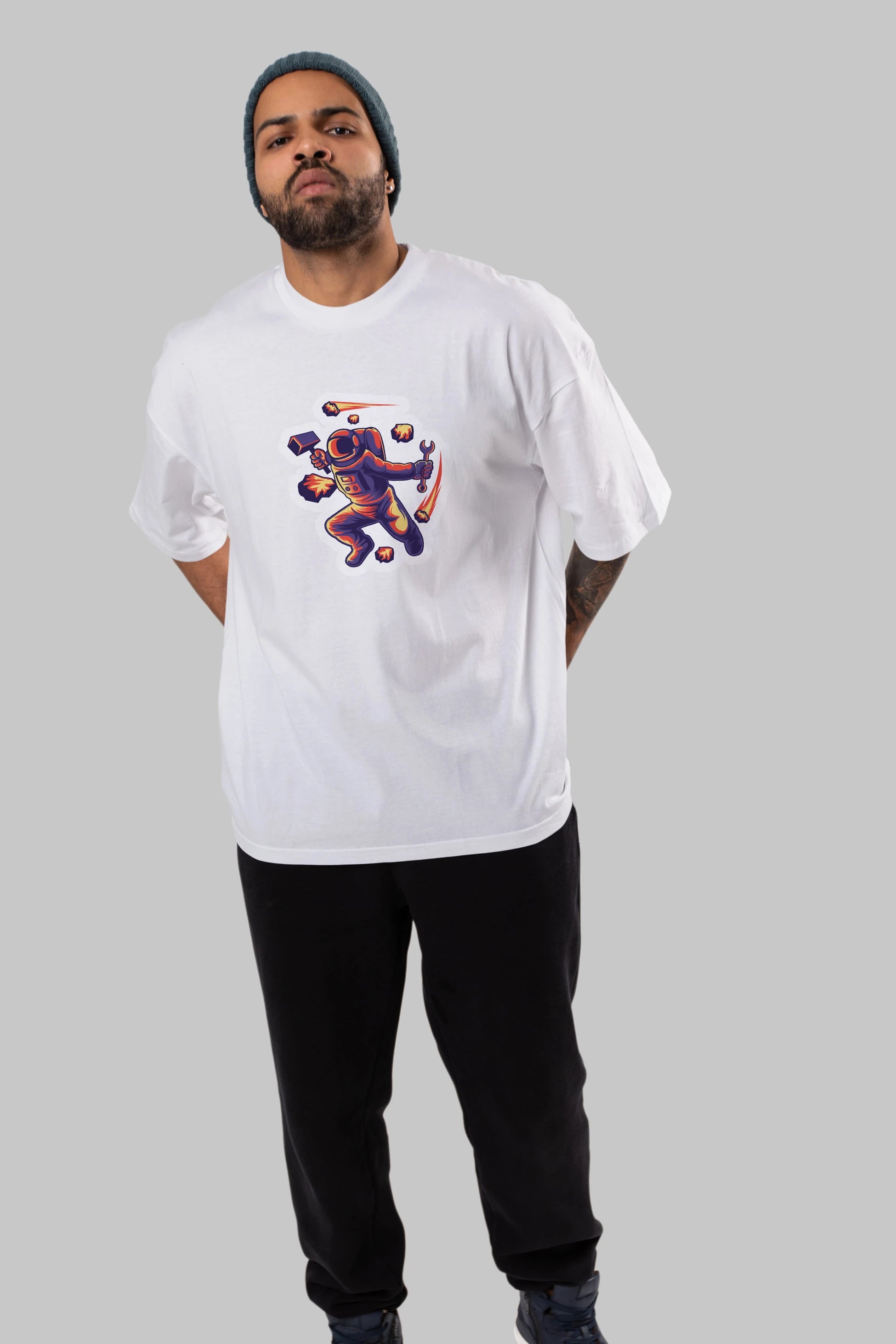 Astronaut Block Meteor Sticker Ön Baskılı Oversize t-shirt Erkek Kadın Unisex