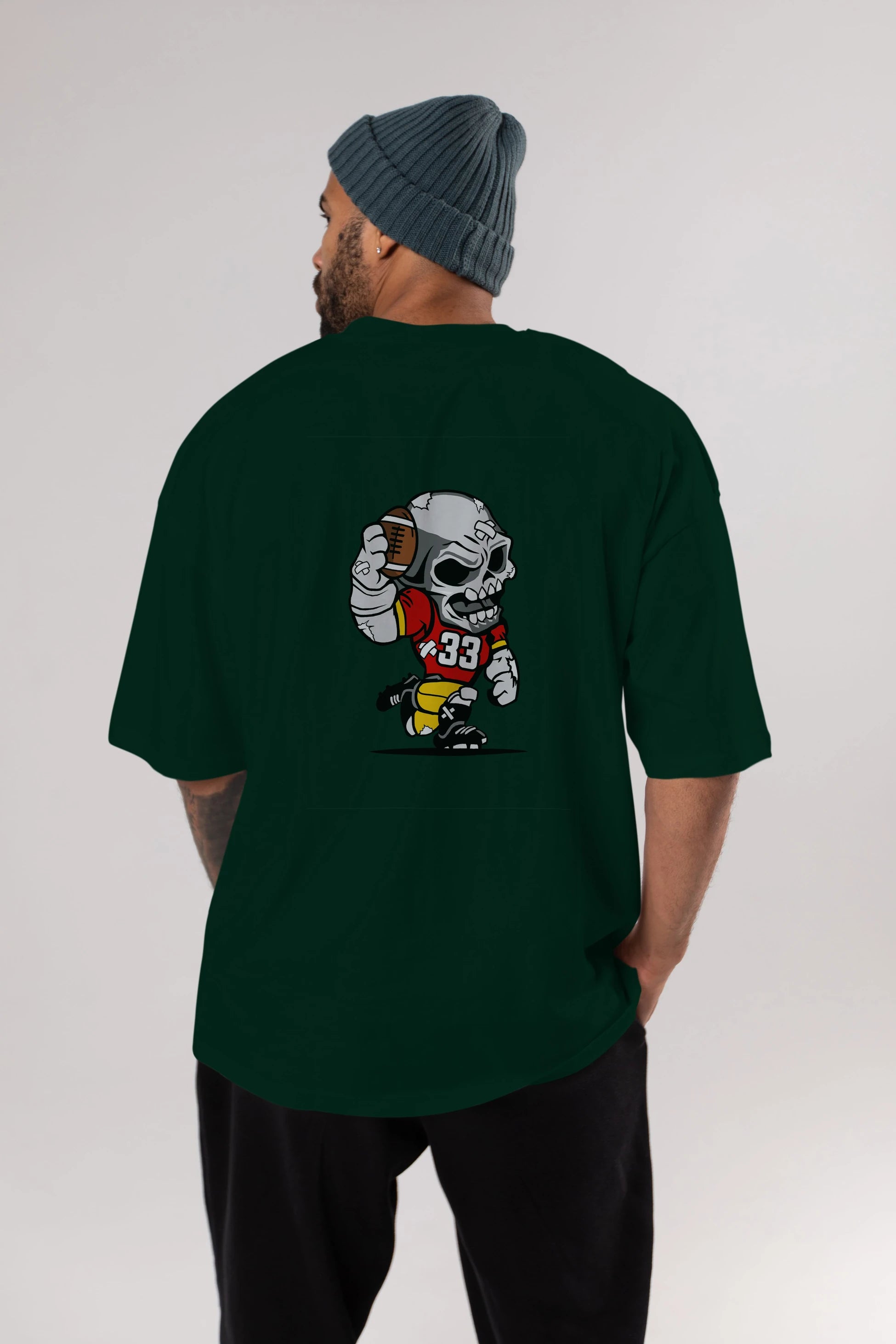 Skull Football Player Arka Baskılı Oversize t-shirt Erkek Kadın Unisex %100 Pamuk tişort